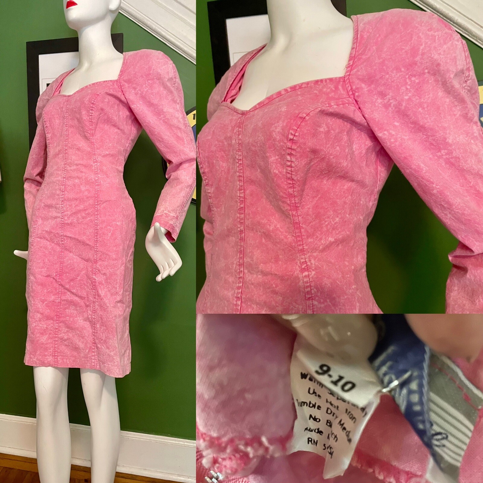 Vtg 80s 90s USA 100% Cotton Big Shoulders Body Con Pink Acid Washed Dress 36