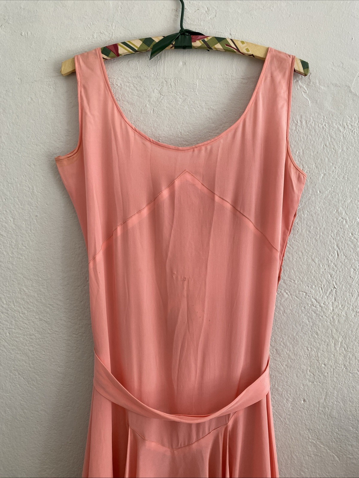 Vintage 20s 30s Pink Silk Crepe Party Dress Minimalist Deco Seams Bow Belt XS S