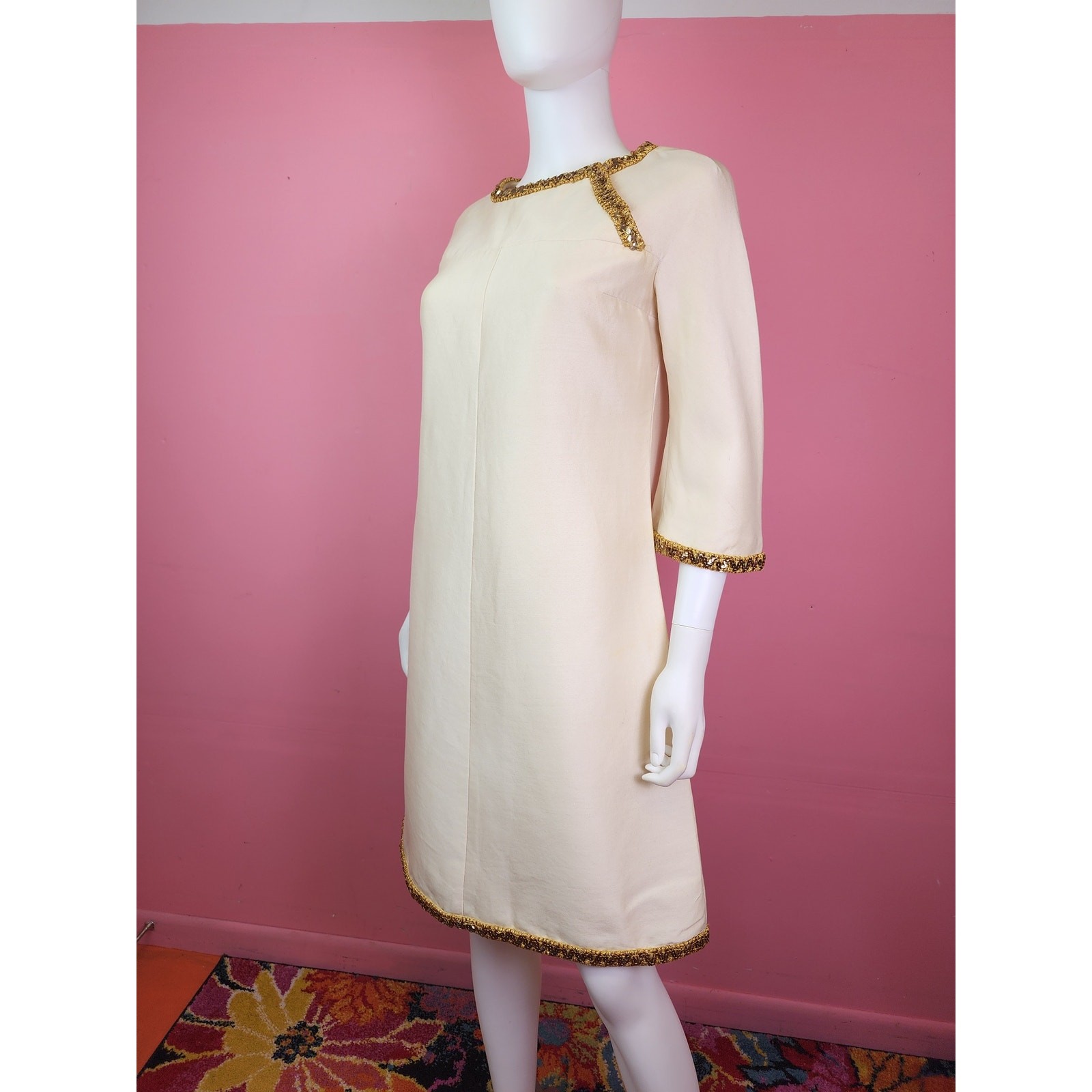 Vintage 1960’s Champagne Cream Gold Cord Trim Rhinestone Shift Dress I. Magnin