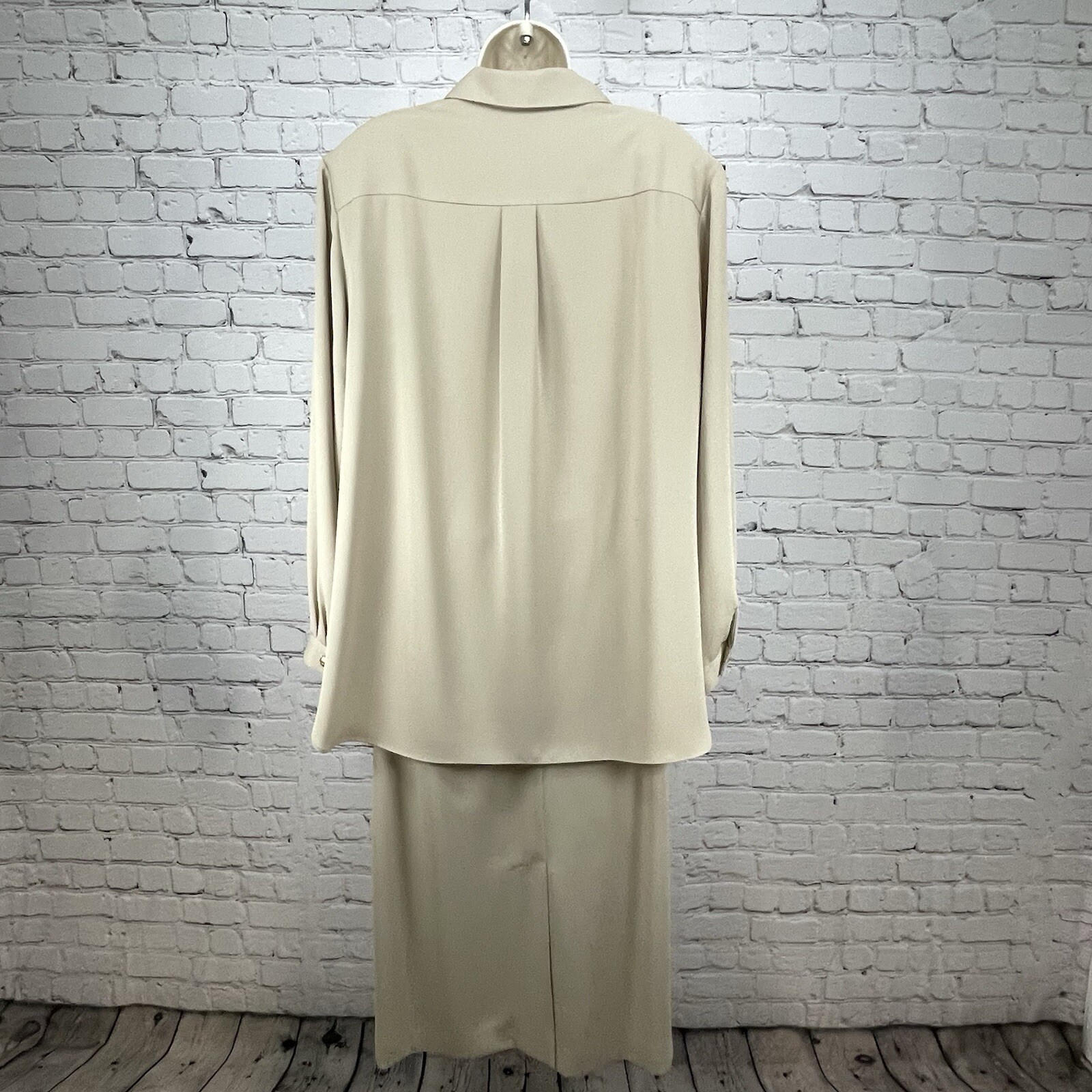 VTG Da Rue Tan Blouse Skirt Set Gold Button Long Sleeve USA Made Plus Size 18/20