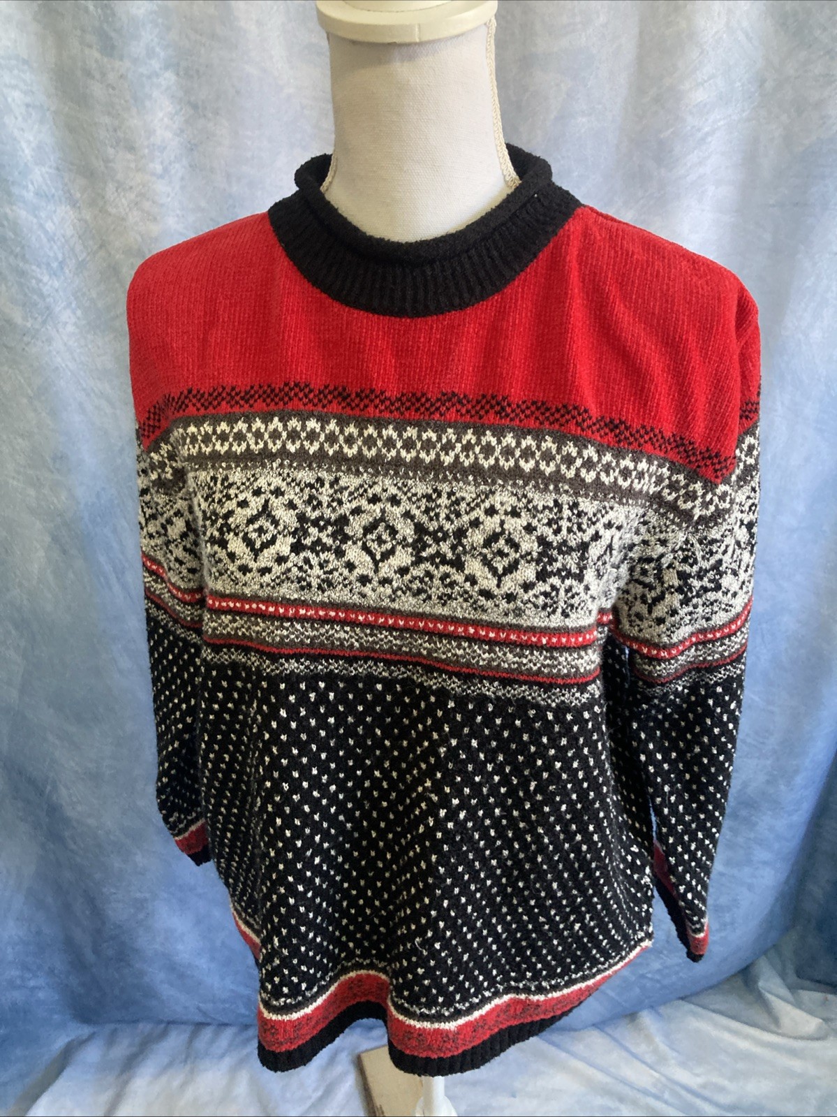 Vintage Claudia D Red Fair Isle Sweater Medium Nordic Knit 90s Ski Pullover GUC