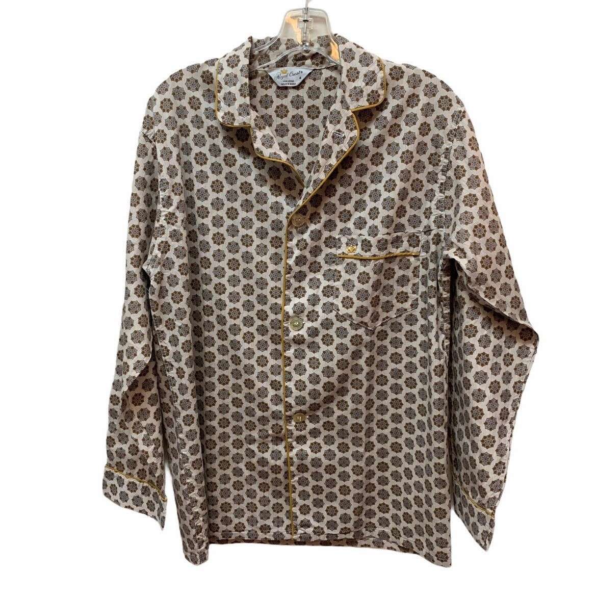 Vintage Retro Royal Crest Cotton Pajama Top Women’s M Mandarin Collar Gold Crest