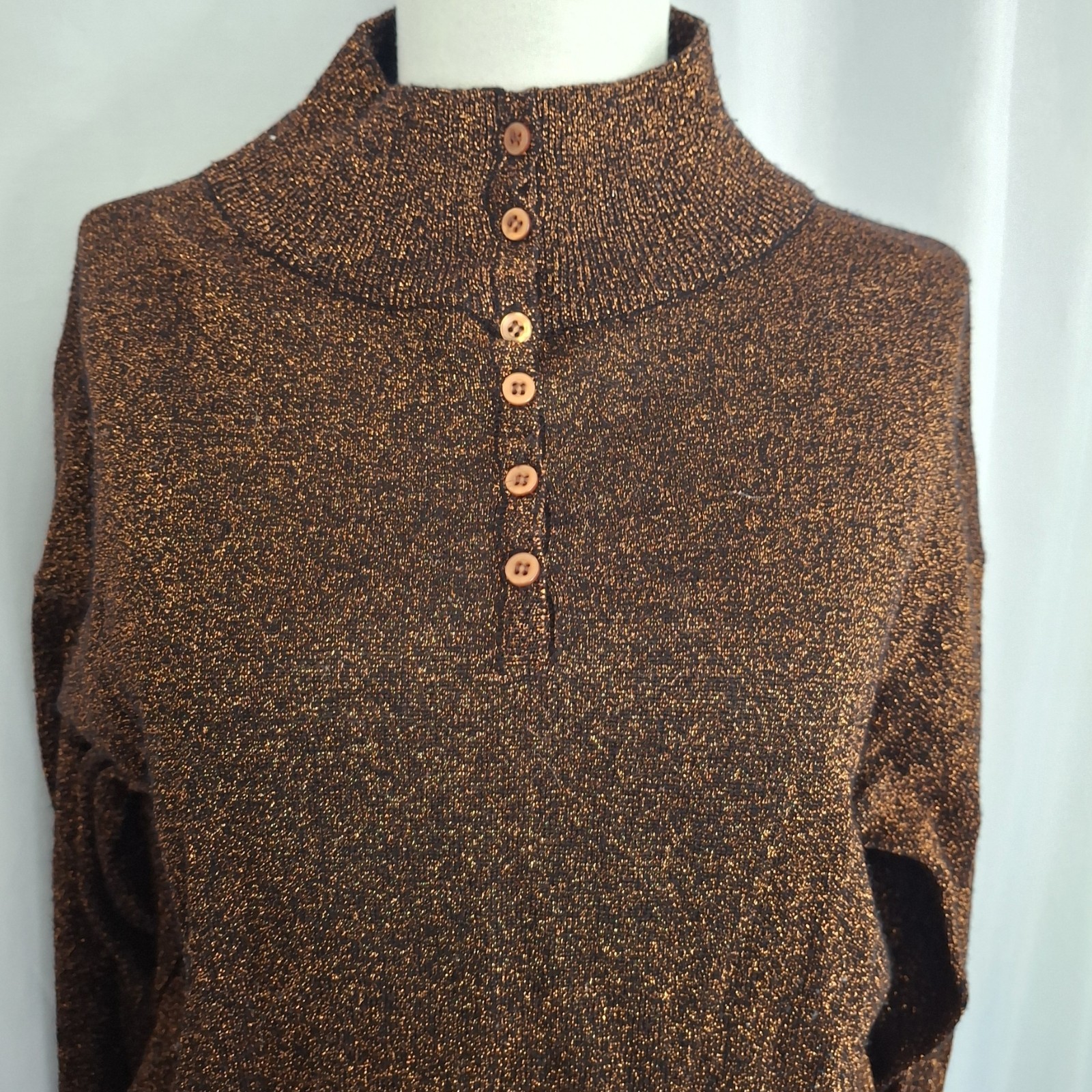 Vtg 70s Copper Metallic dressy top by Joyce Long Sleeve mock turtleneck L
