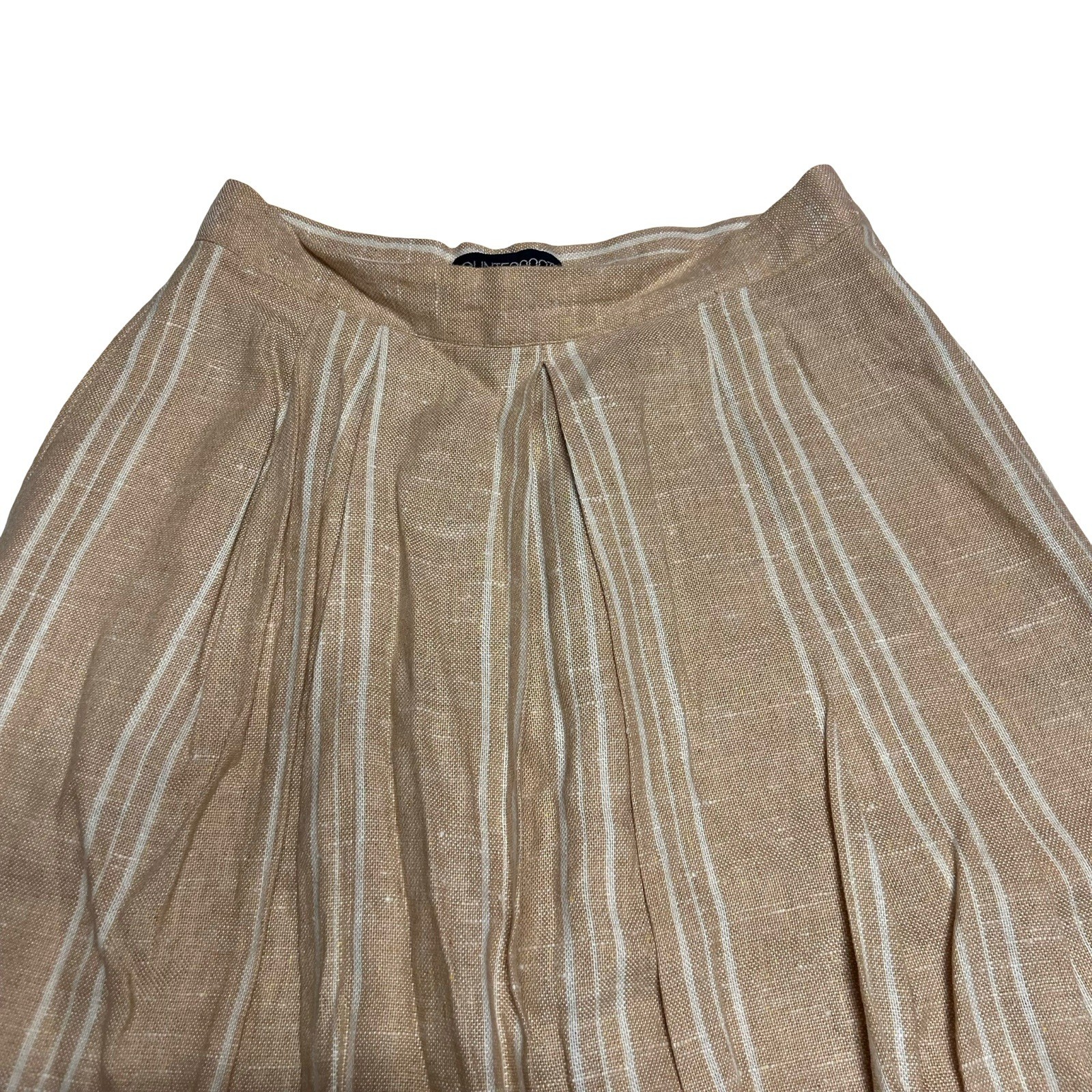 Vintage 70s Counterparts Tan & White Striped Linen Blend Tuck Pleat Skirt Sz S