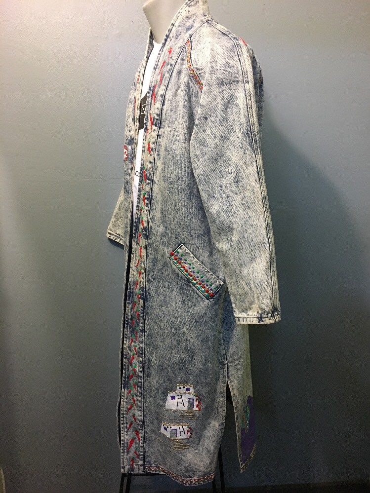 Vtg 80s 90s Acid Washed Denim Trench Coat Womens Unisex L-XL Jean Jacket Painted