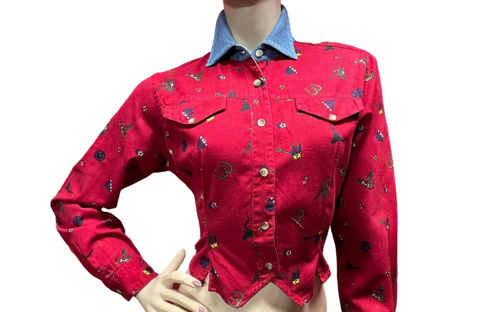 S Vtg 90s RED Western Cropped Shirt Top Blouse Adobe Rose Ranch India Cotton
