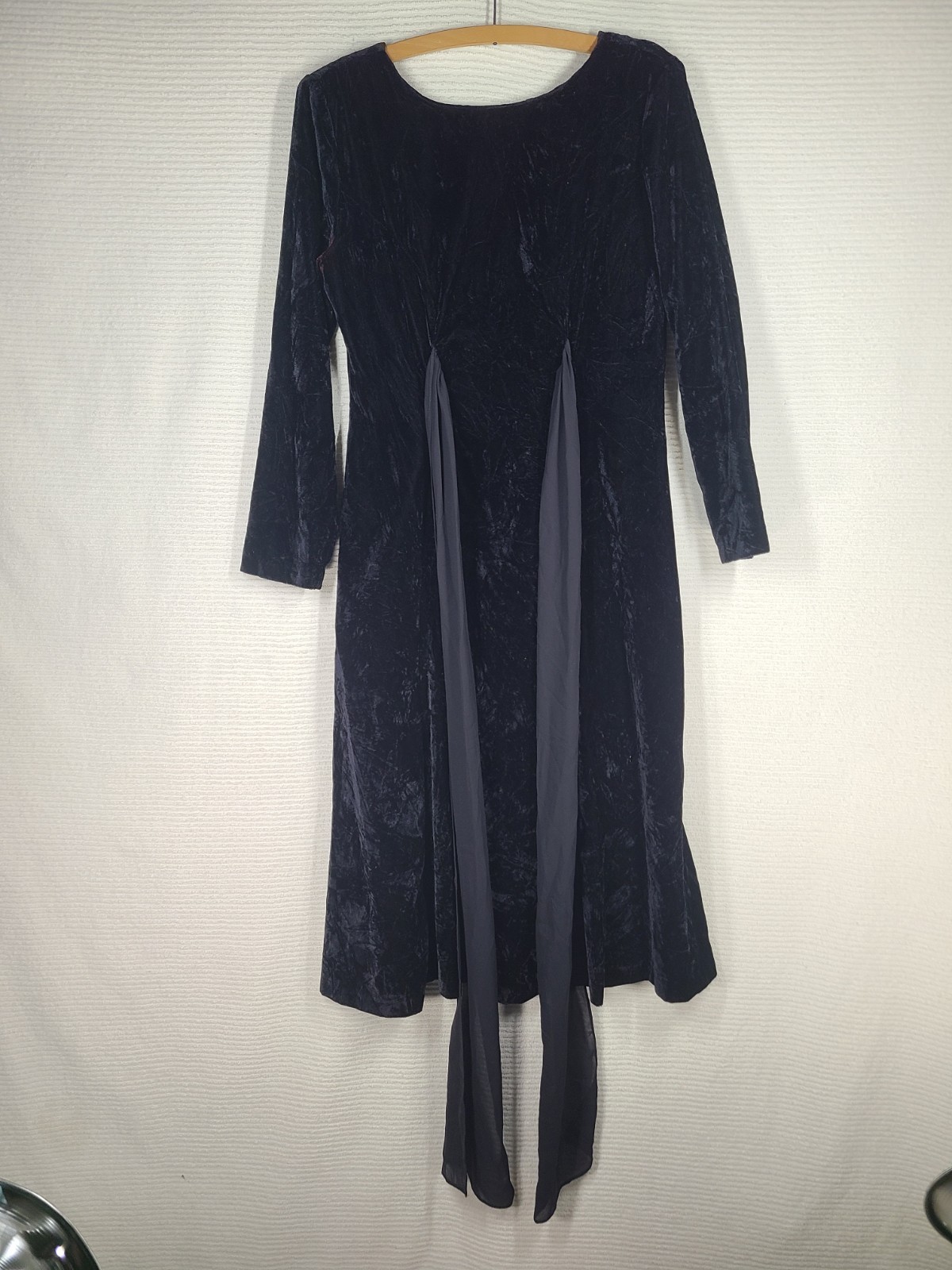 Vintage Black Velvet Dress Sheer Crepe Waist Belt Bow Velour Goth 6 Medium USA
