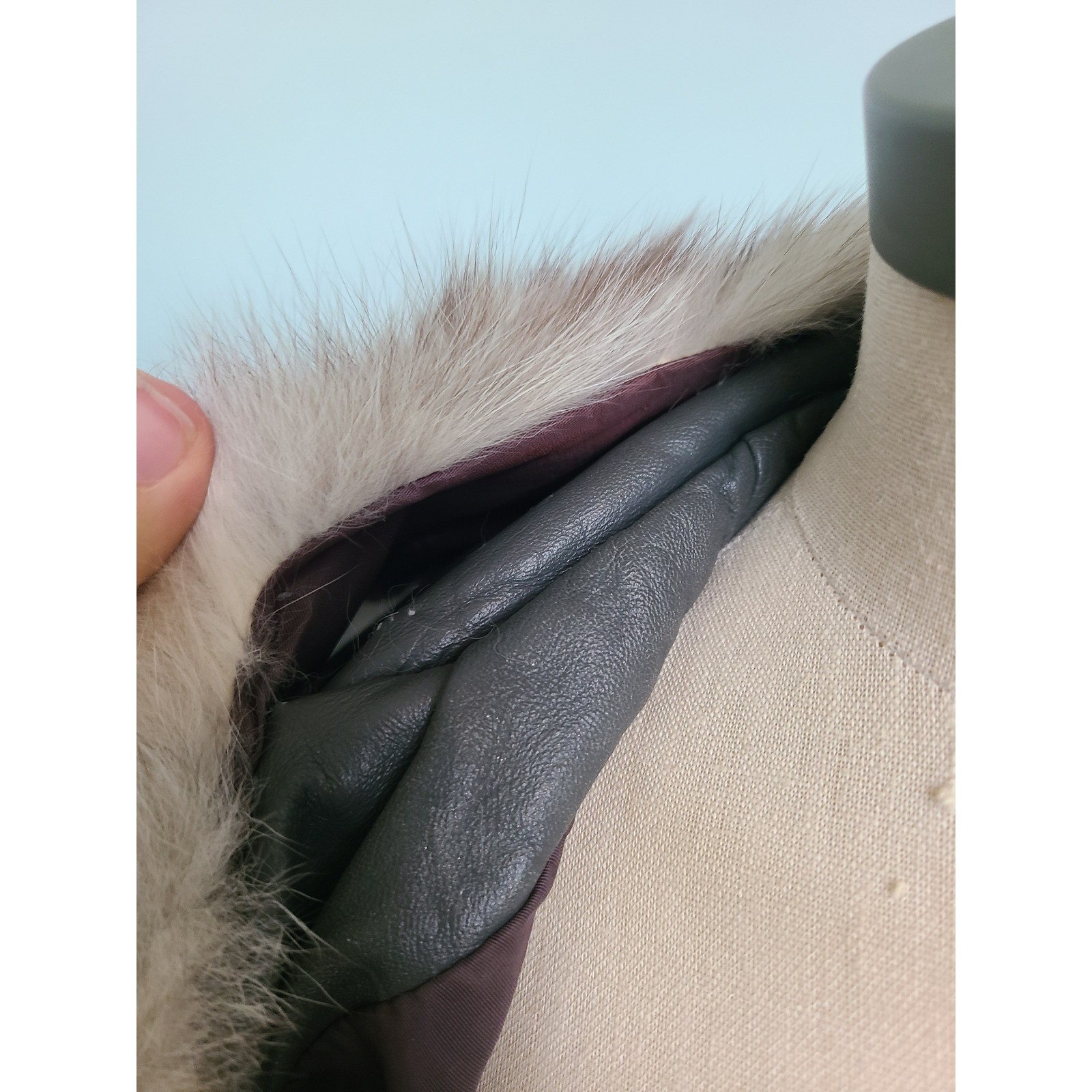 VTG 24K Leather Dan Di Modes Trench Coat Gray Rabbit Fur Collar 1970s Luxury