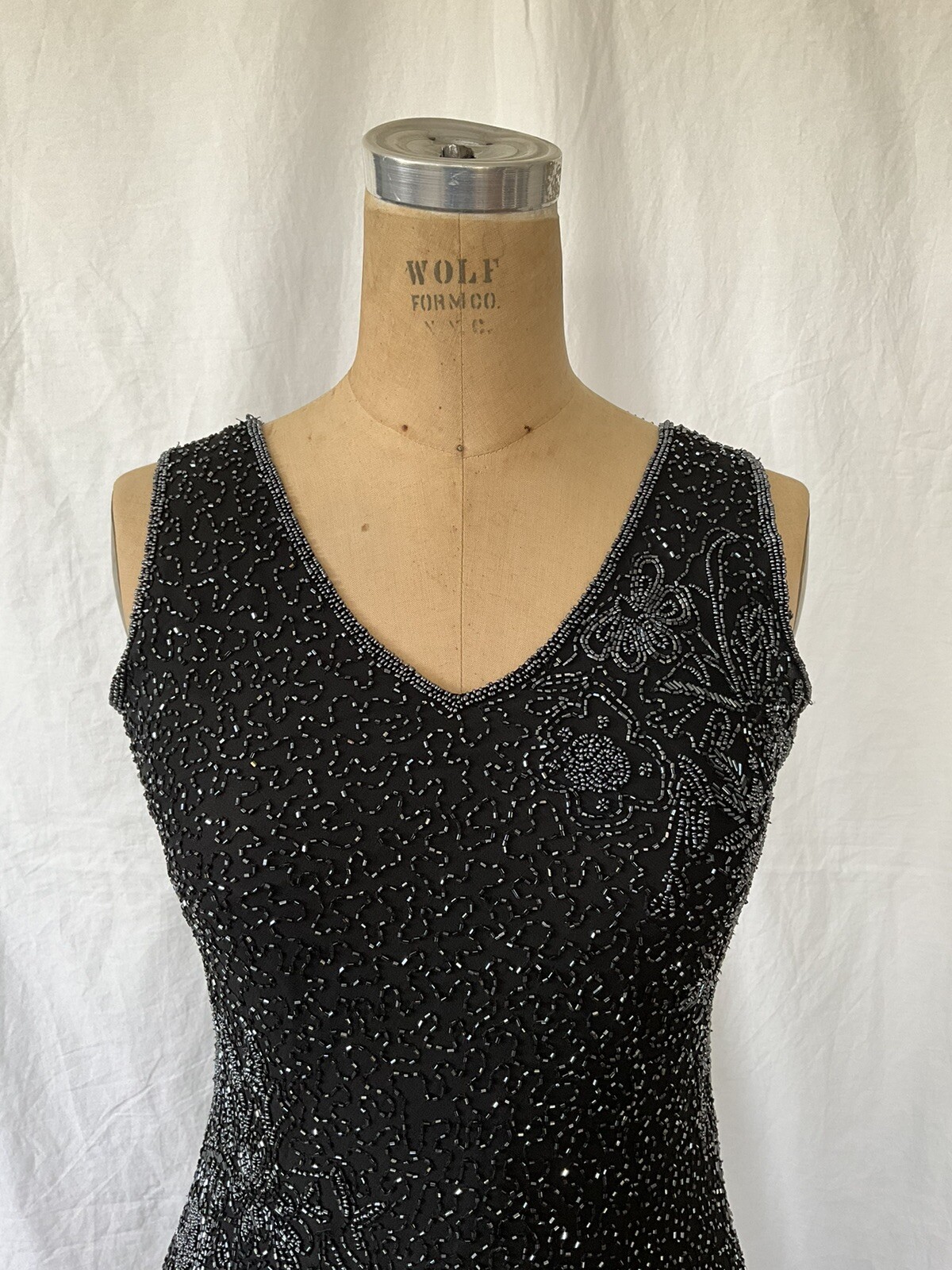 Vintage Black Beaded Silk Slip Long Dress Size XS Missing Label Mint Condition