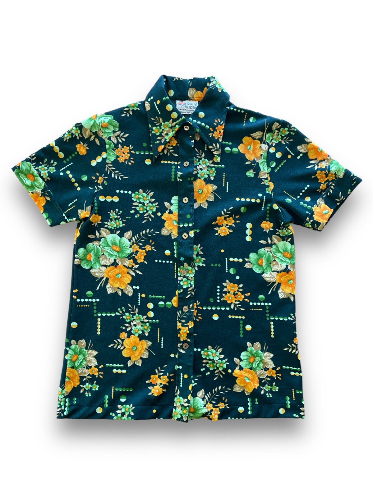 Vintage 70s Short Sleeve Floral Button Down Shirt Size M Green Hippie Vacation