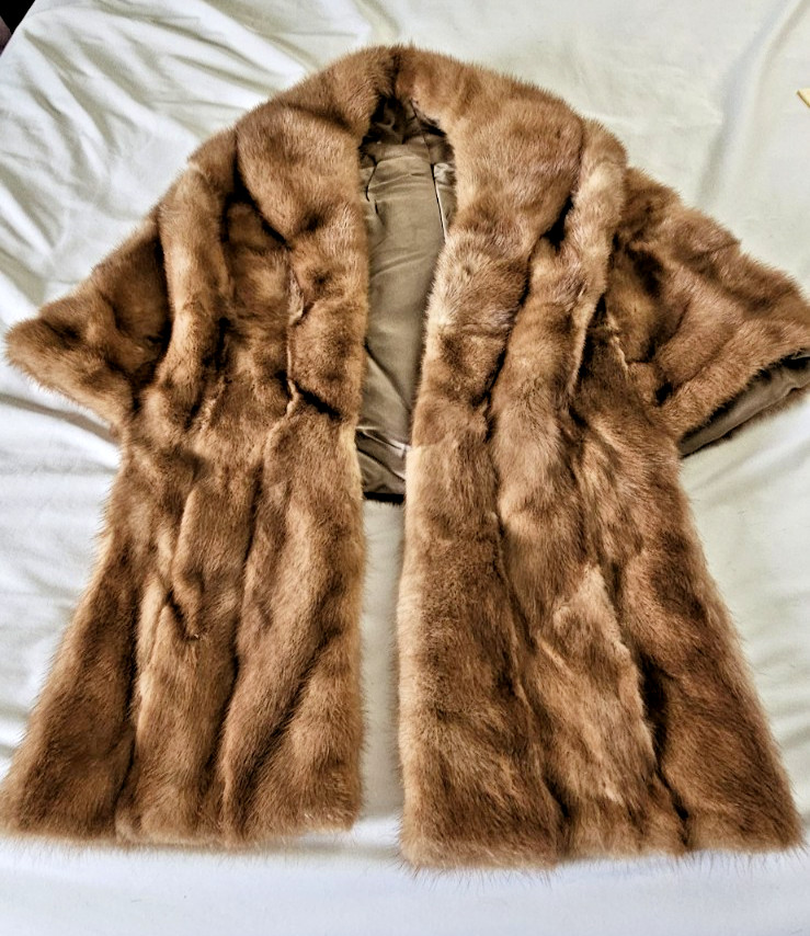 Mink Stole Cape Shawl Collar Satin Lined Pockets Med Brown MCM 50-60’s