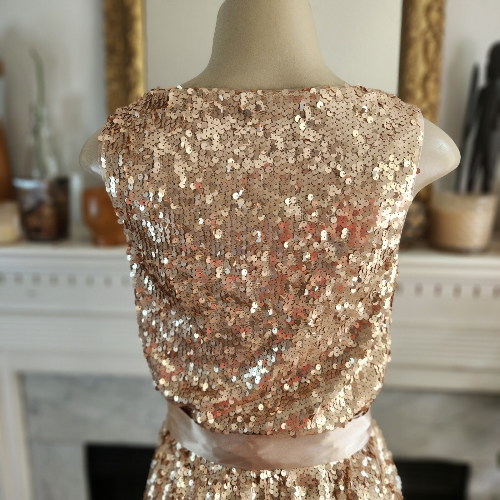 Vintage 90s Cache Gold Sequin Mini Dress Sz 4 Y2K Party Cowl Stretch Party Glam
