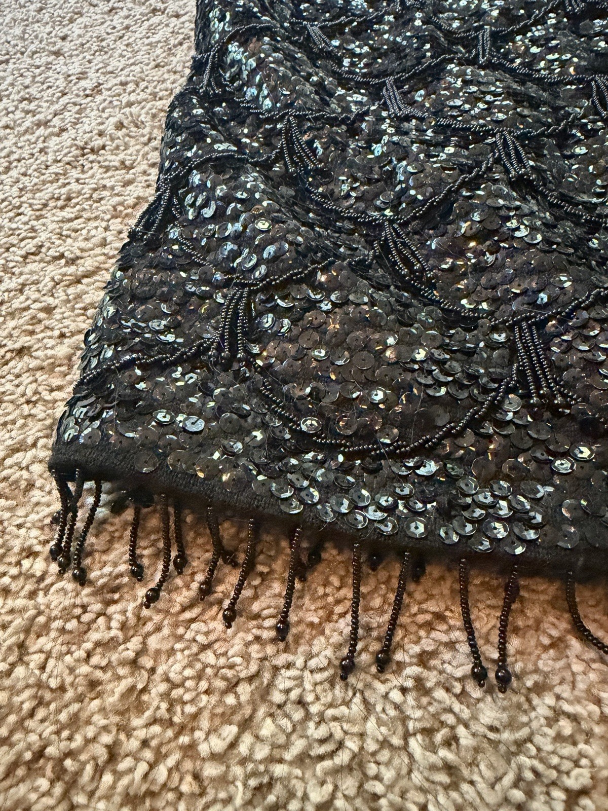 Vintage Black Sequin & Beaded Fringe Top – Flapper Style – Fits Small – Evening