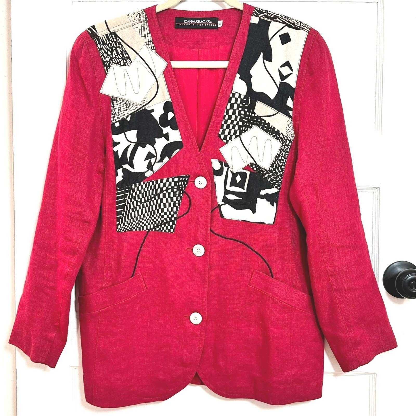 Vintage Red Linen Abstract Patchwork Blazer Womens Small Statement Jacket