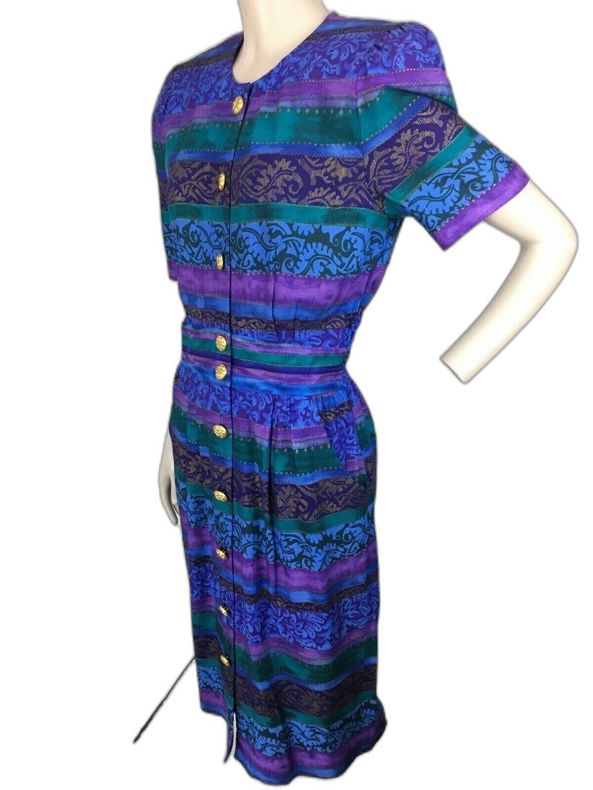 Vintage 80s 90s Positive Attitude Colorful Striped Gold Shirt Dress Size 6