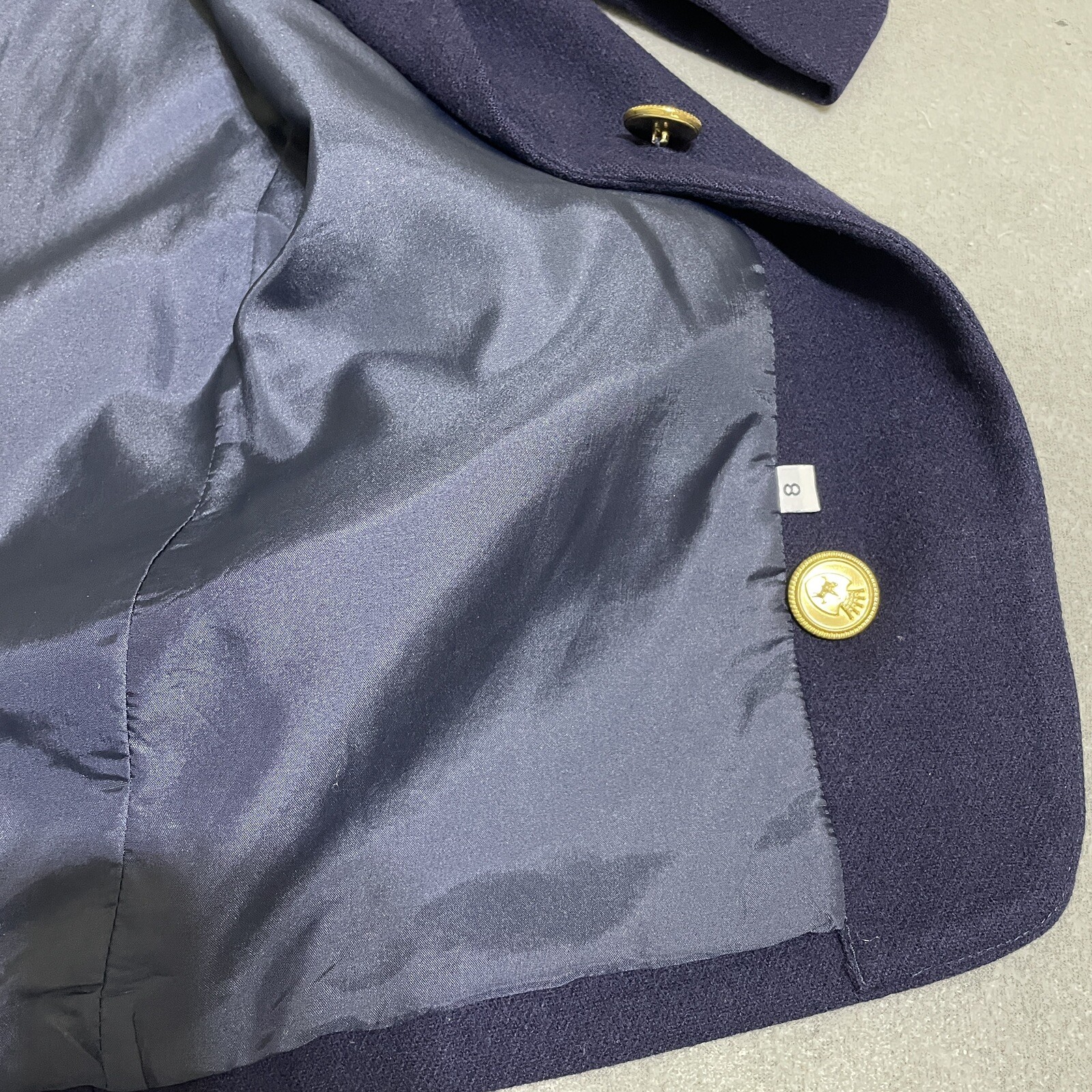 Vtg Womens WOOL BLAZER JACKET Gold Accent Buttons Preppy 90s Academic Navy Sz 8