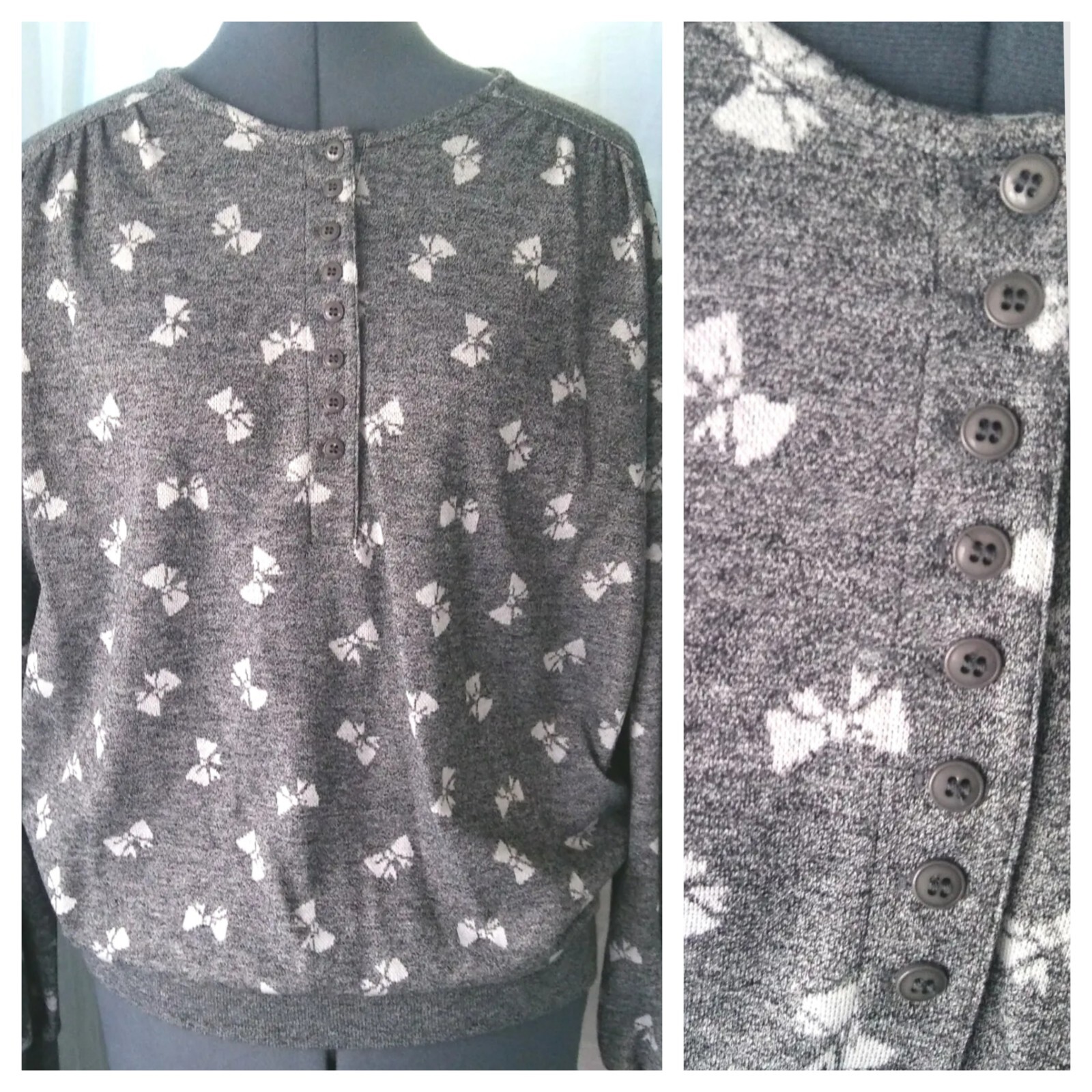 Vtg EB by Ecco Bay Grey Sweatshirt w White Bows & Half Button Down Size Med