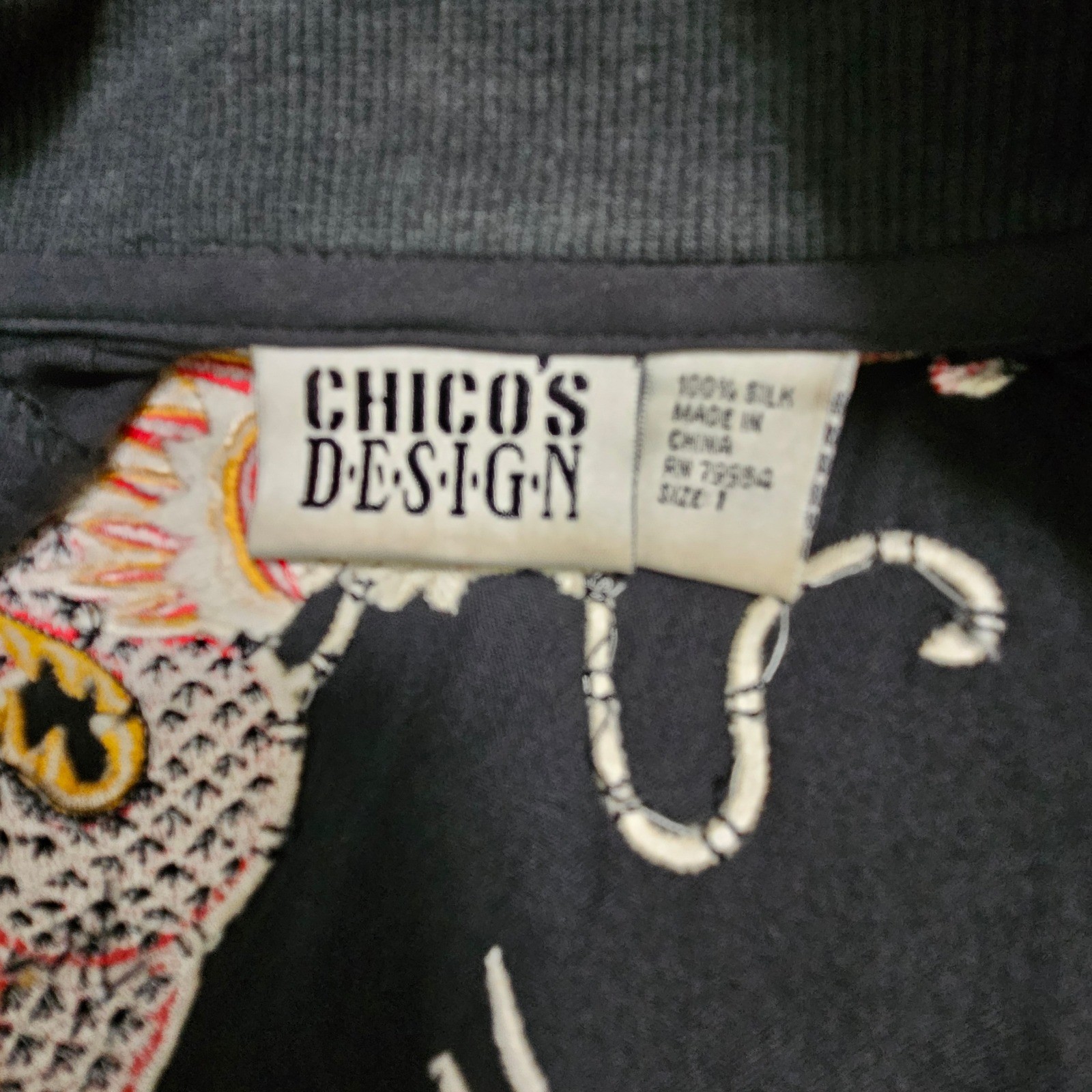 Chicos Design Vintage 100% Silk Dragon Embroidered Bomber Jacket Black Size 1