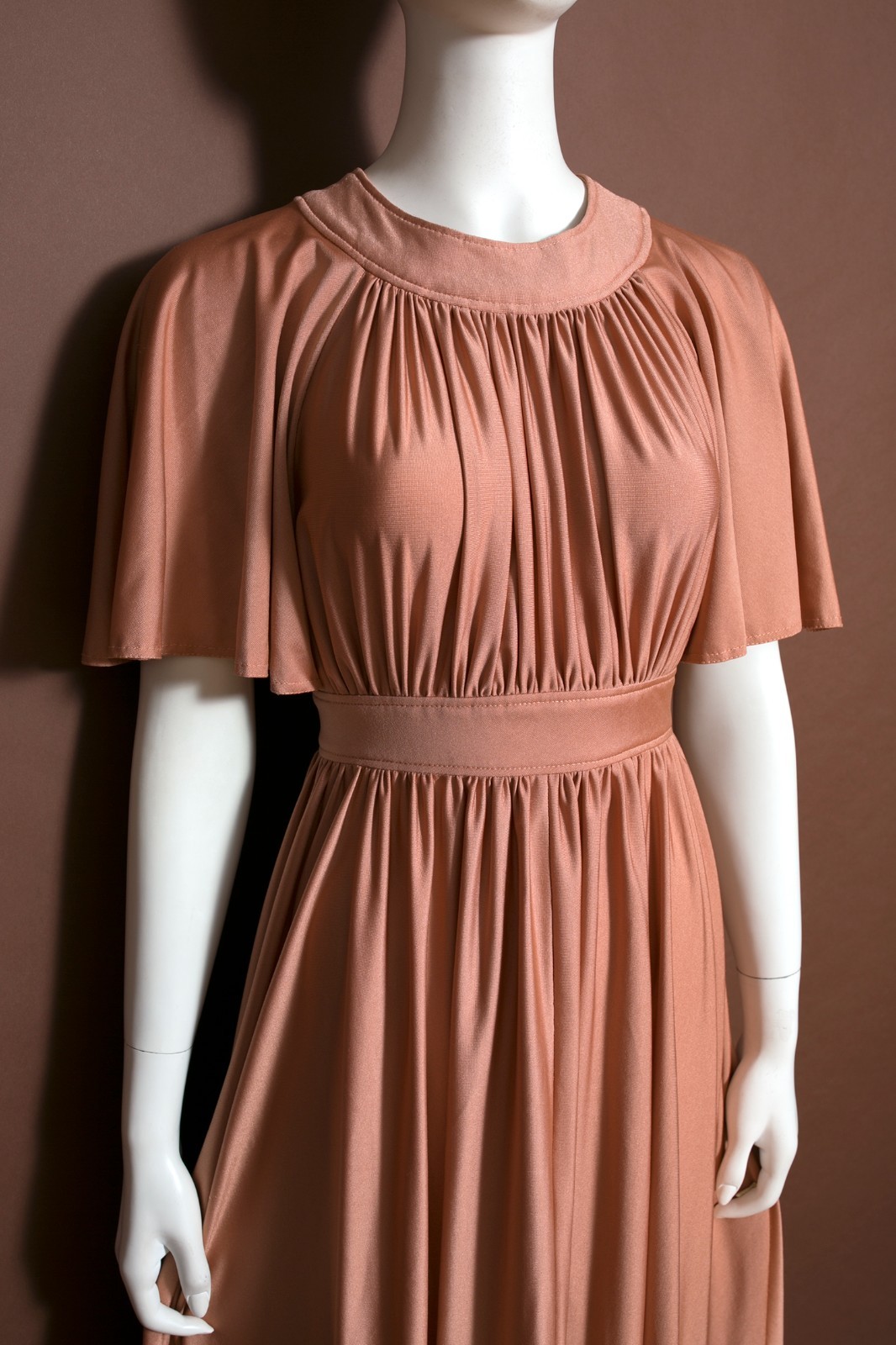Gorgeous Vintage 70s Nude Cocoa Blush Draped Maxi Dress with Full Skirt
