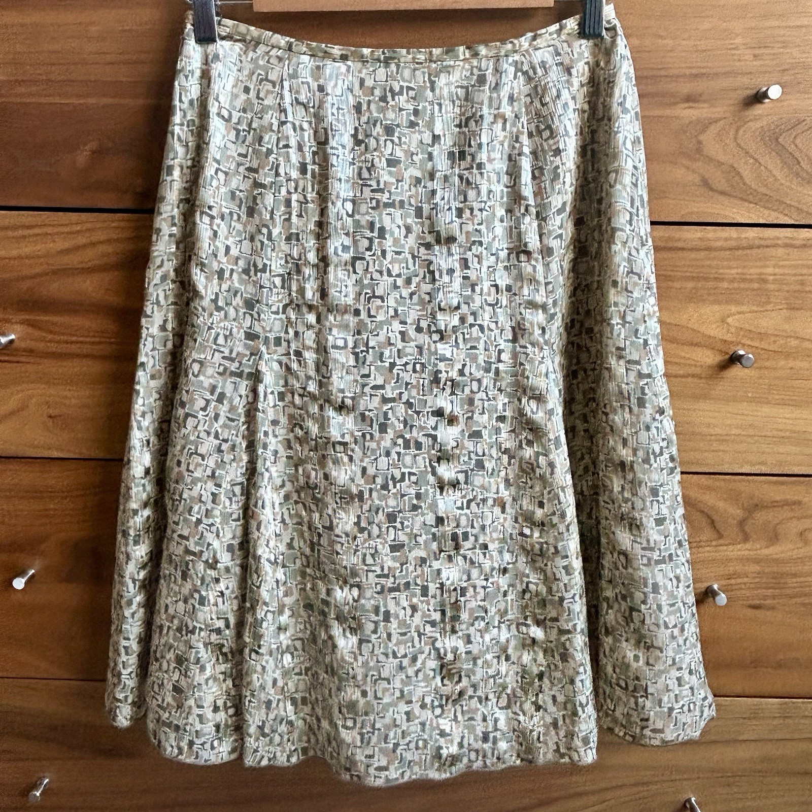 Vintage Y2K Talbots Silk Skirt Sz 4 P, Tan Greens Flare Lined Knee Length 27”W