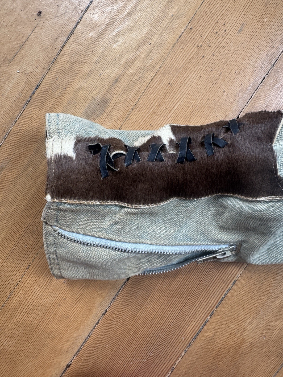 vintage Jeff Hamilton distressed denim and cowhide leather zip-up bomber