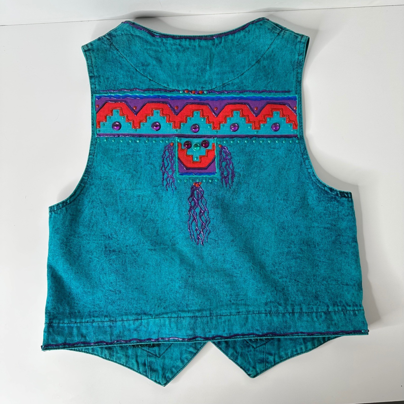 Vtg Turquoise Tyrtle Painted Design Wear Vest Southwestern Acid Wash Festival OS