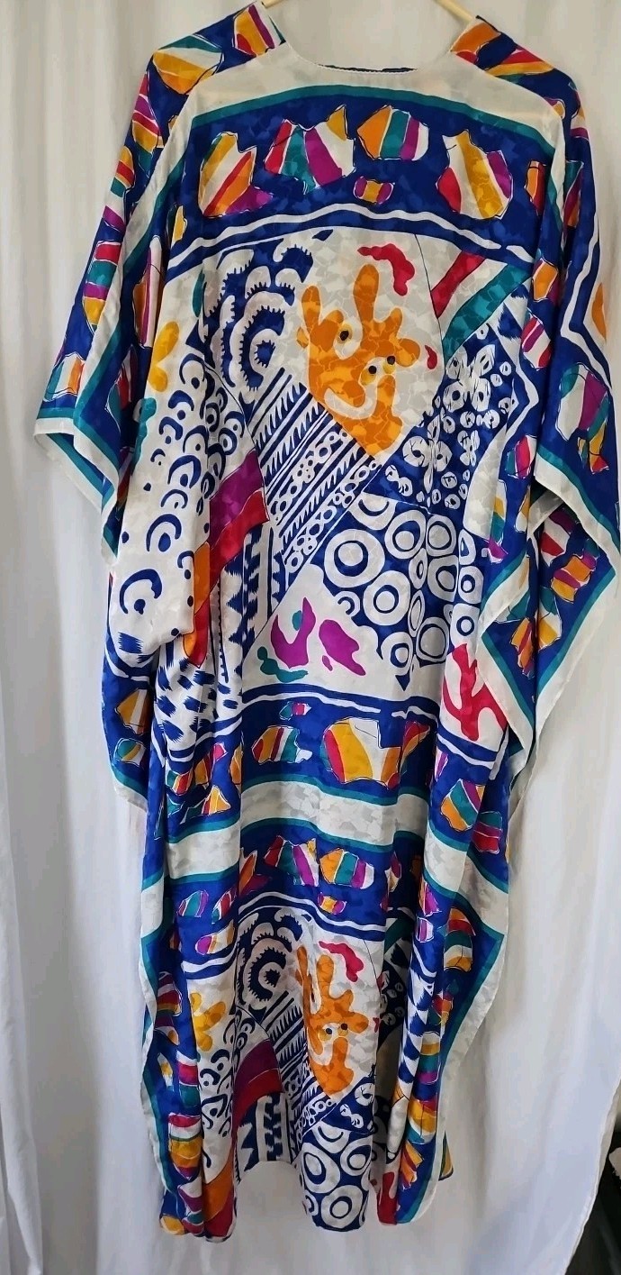Vintage Ruth Norman Bright Multi Color Caftan Lounge Dress USA One Size