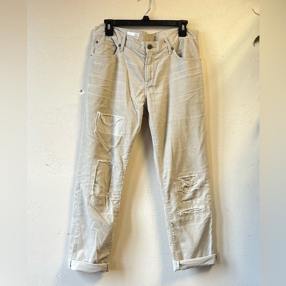 Gap 1969 Sexy Boyfriend Corduroy Distressed Ripped Pants Beige Tan EUC Sz 27r