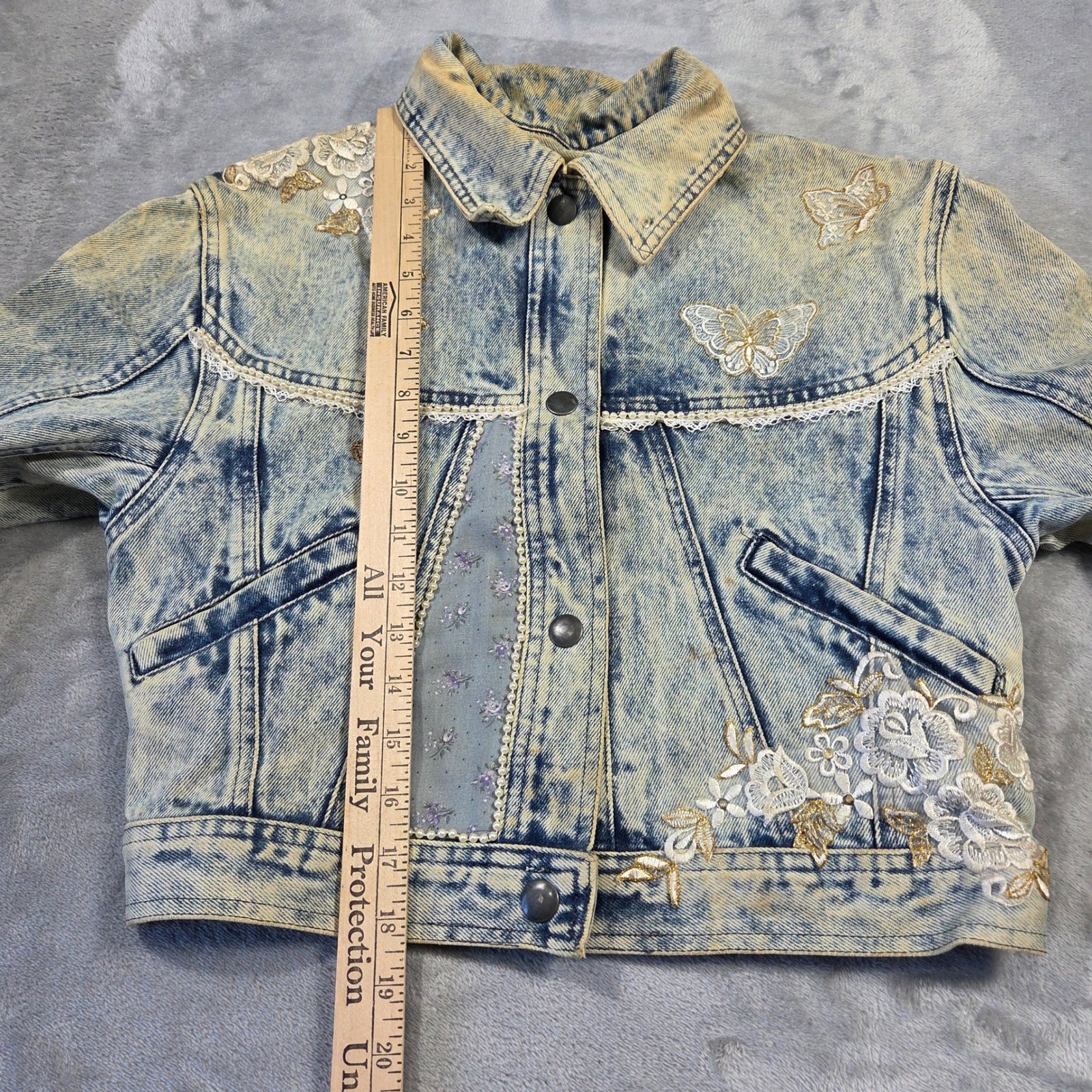 Vintage YR Acid Wash Upcycled Denim Jacket Butterflies Lace Crop S Retro Y2k