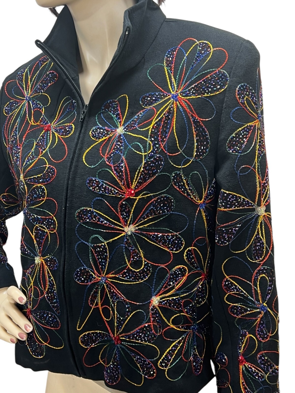 Sz L Vtg 90s Anage Jacket Zip India Cotton Knit Pinwheels Emb Beaded Sequin Coat