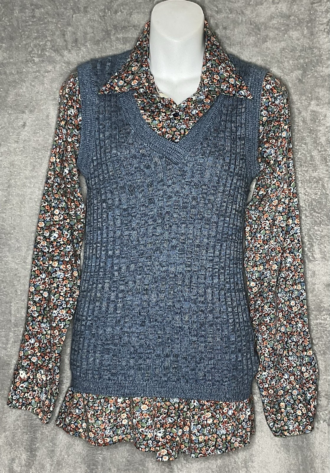 Vintage 70’s Barracuta Van Heusen Womens M Floral Blouse + Blue Sweater Vest