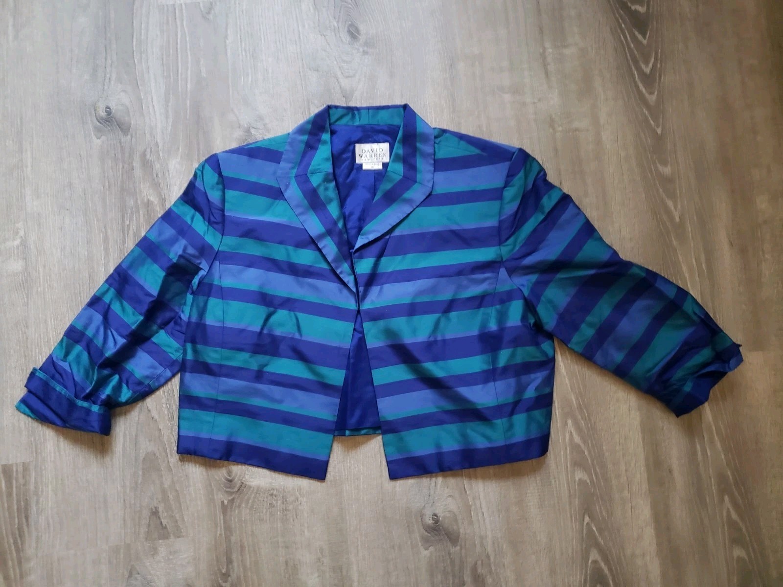 Vtg David Warren Womens 16 Cropped Jacket 100% Silk Green Stripe 3/4 Sleeve Chic