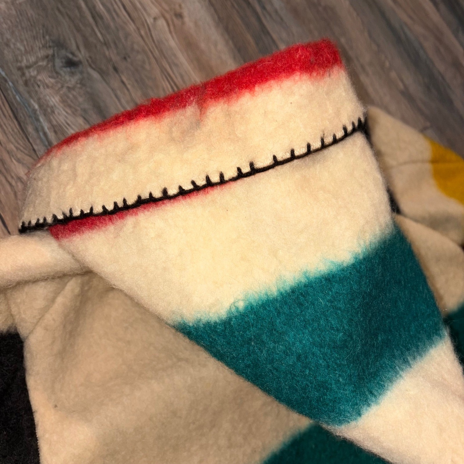 Vintage Handmade Hudson Bay Style Wool Blanket Coat Multi Stripe Hooded Belted