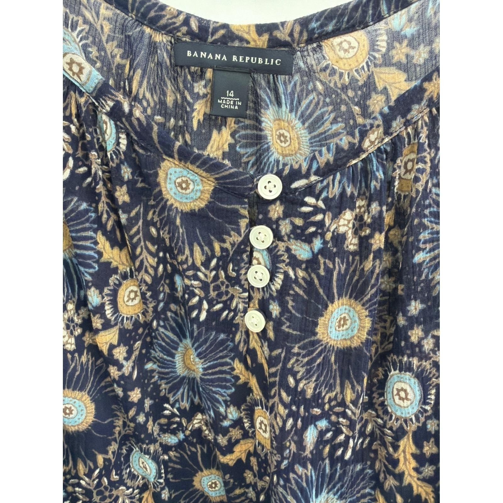 Vtg Banana Republic Navy Blue Floral Sunburst Cotton Midi Dress Size 14