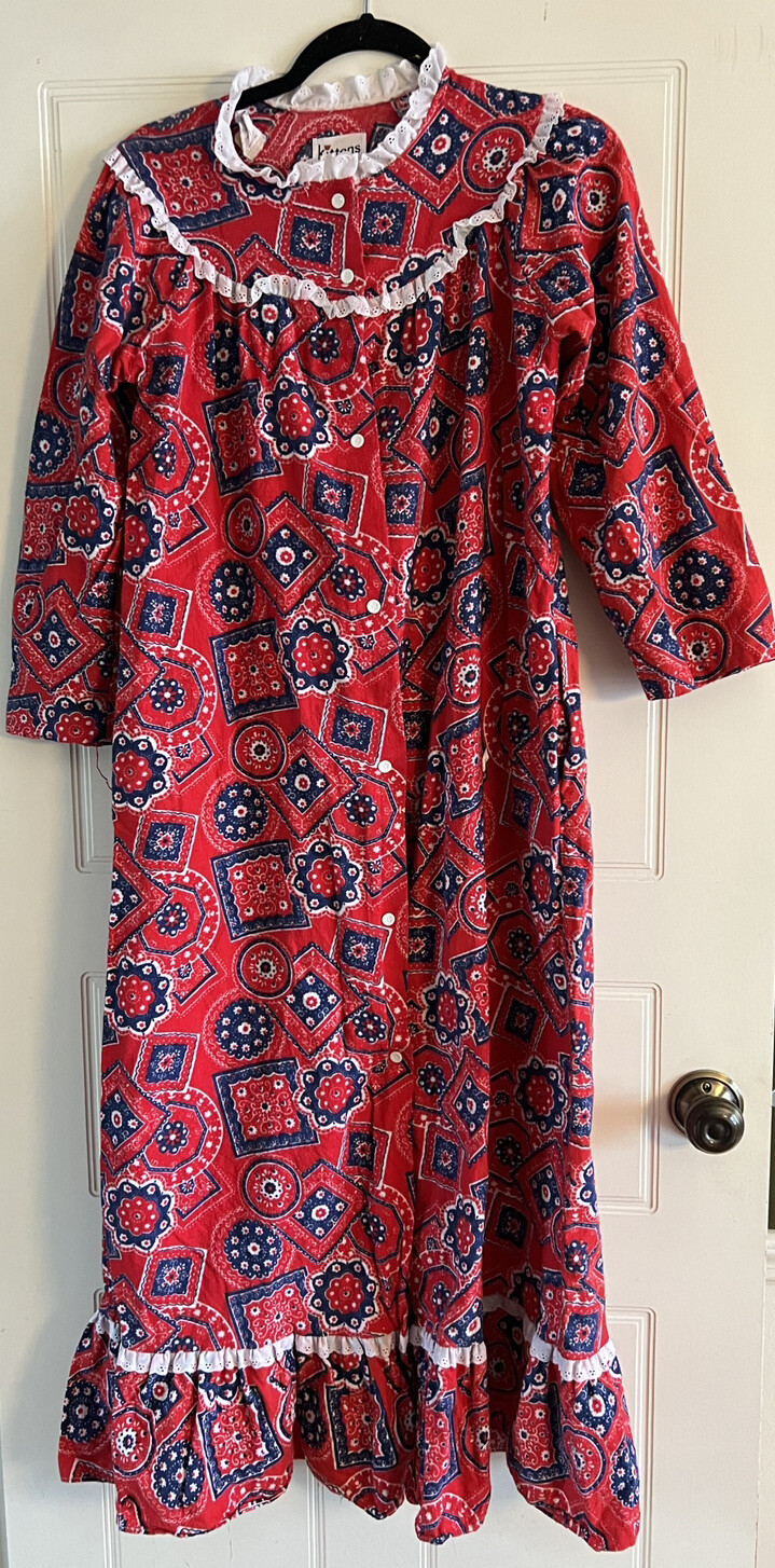 VTG Sleep Dress Night Gown Flannel Size Small Red Blue White Kittens by Katz