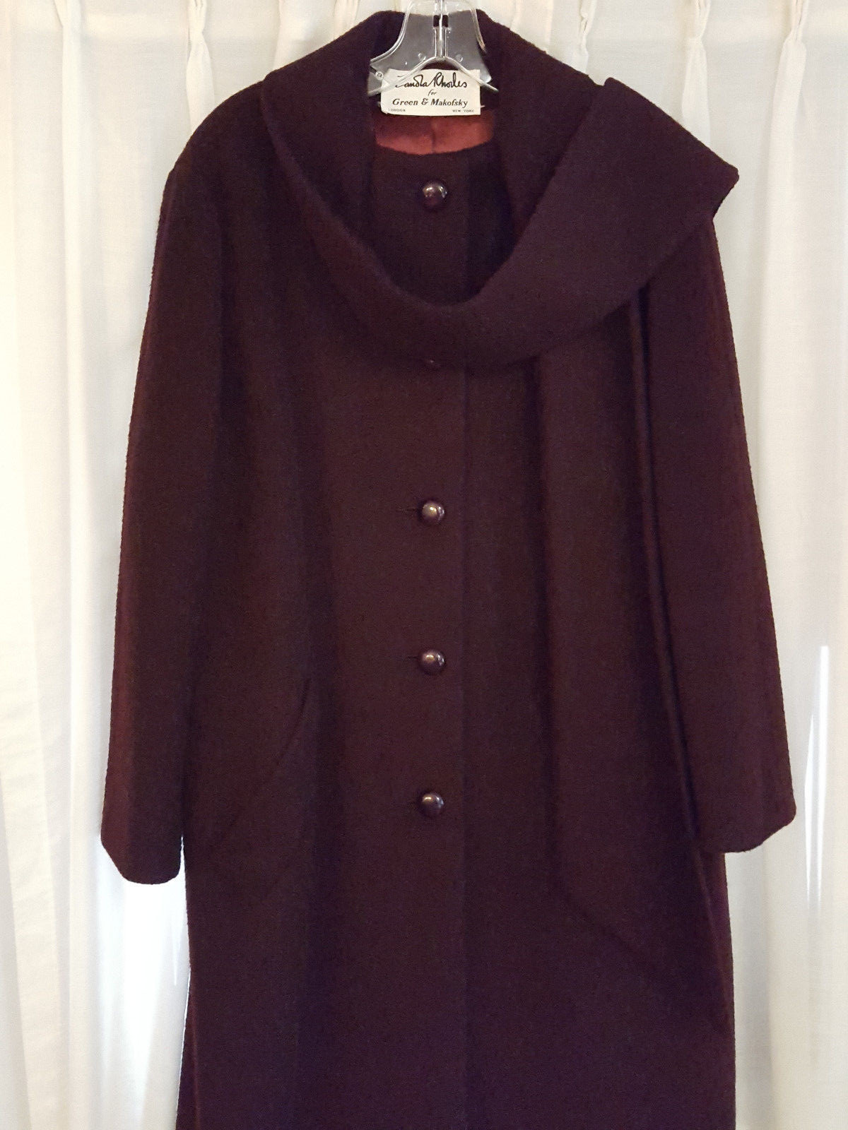 Zandra Rhodes Designer Ladies 100% Wool Coat, Vintage 1980s, Deep Burgandy Color