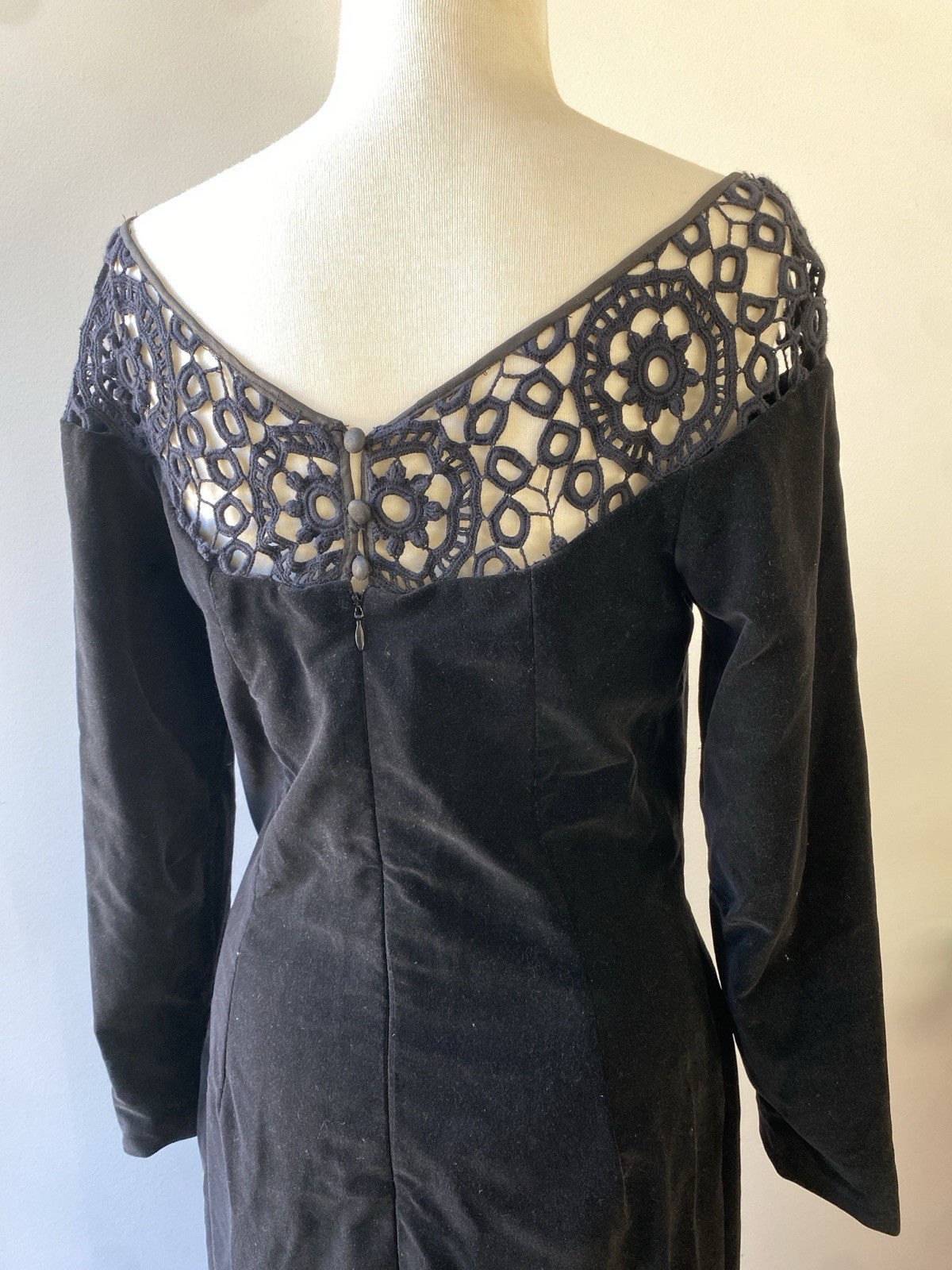 Mariana Hardwick Vintage Black Velvet Dress 12 AU 8 US Lace Long Sleeve Evening