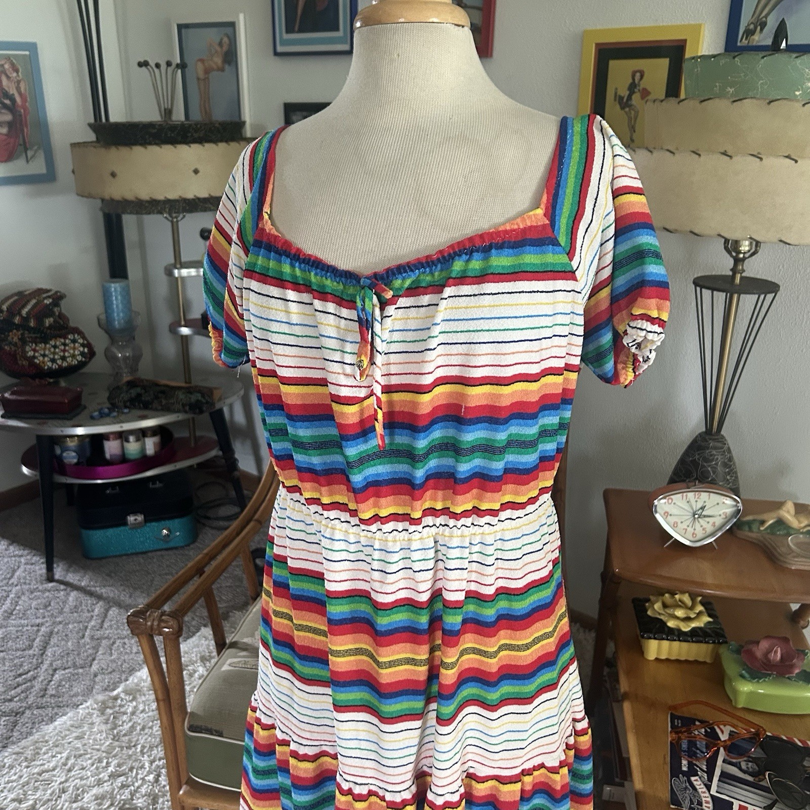 Vintage 1940s Style Dress | Rainbow Stripe | Peasant | XL 2XL | Volup | 70s