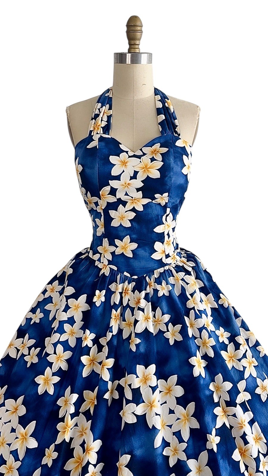 Vintage 1980s 1950s Style Blue Floral HAWAIIAN Pinup Dress Halter Top Sundress