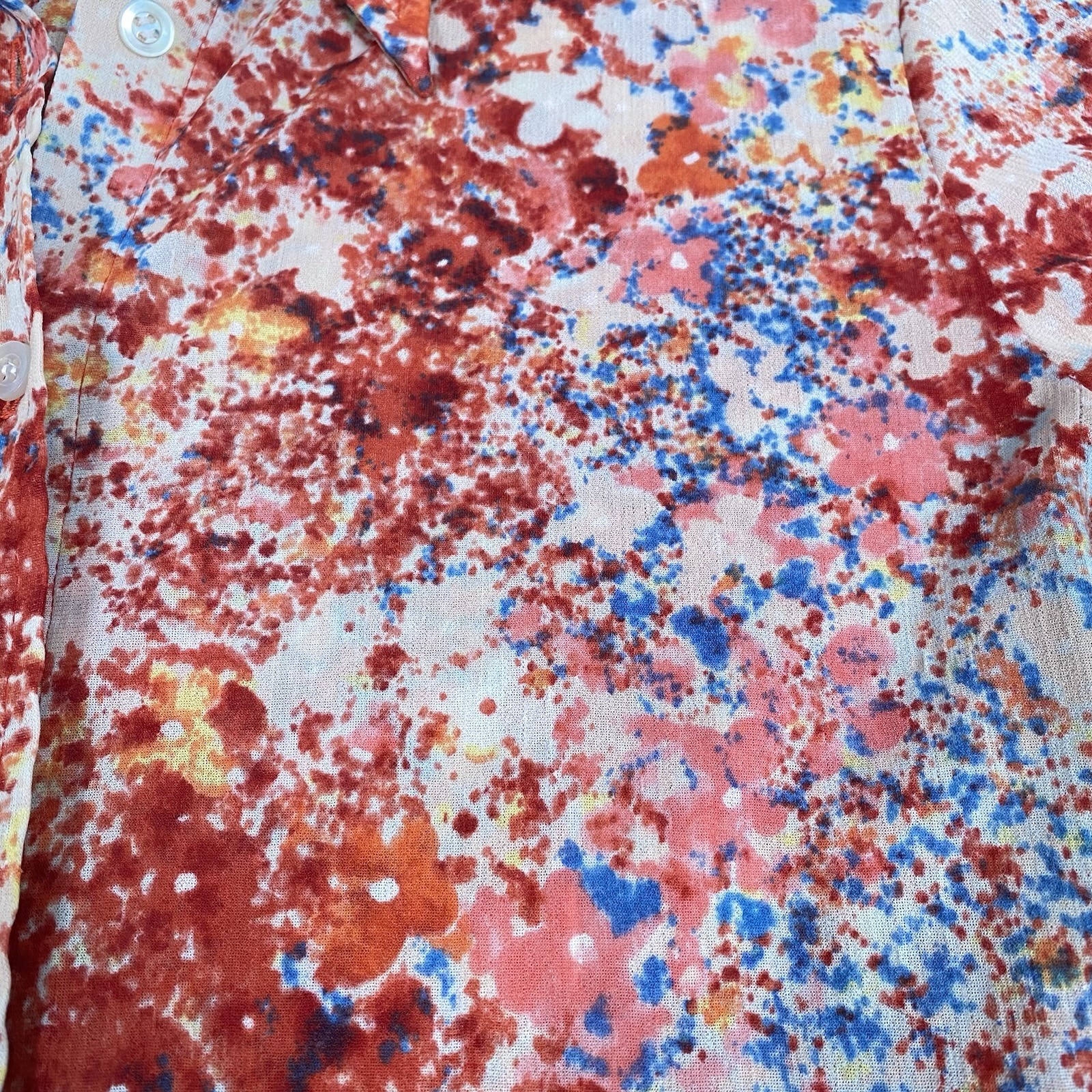 VTG 70’s Sheer Button Up Dagger Collar Shirt Red Disco Floral Secretary Size S/M
