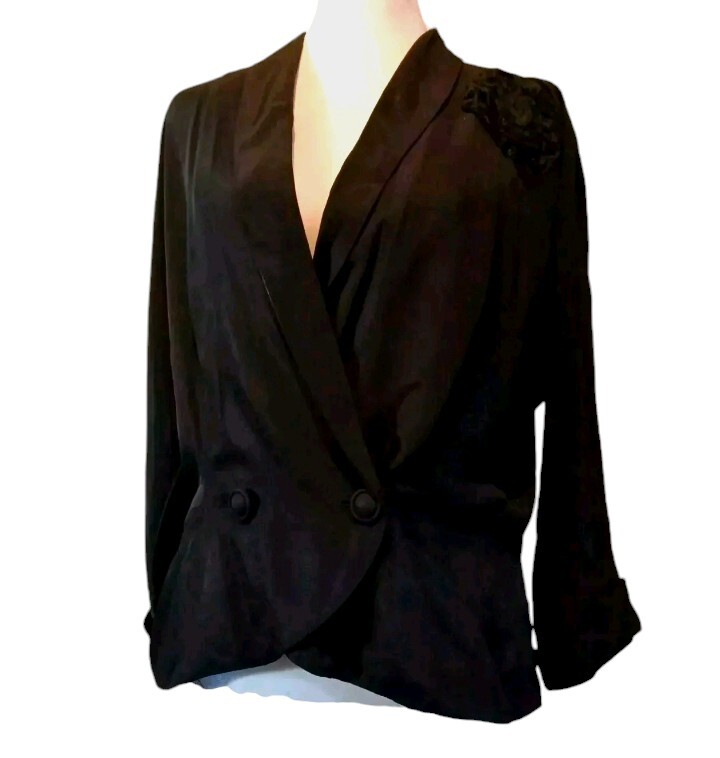 VTG 40s/50s Carol Curtis Original Jet Black Very Fine Faille Fabric Jacket M