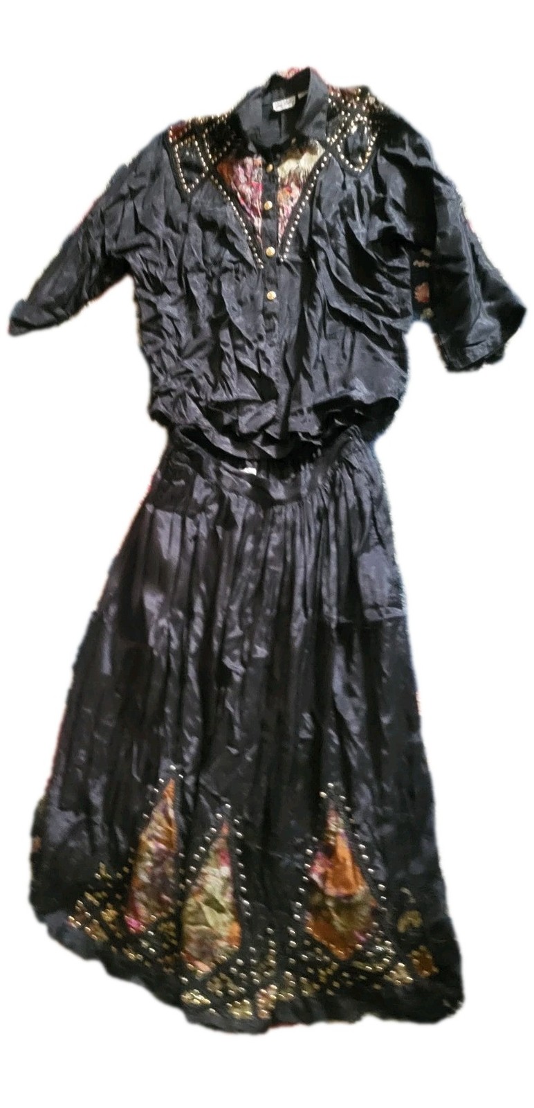 Vintage Jane Ashley black 2 pc M L skirt ls outfit set studded witch gothic chic