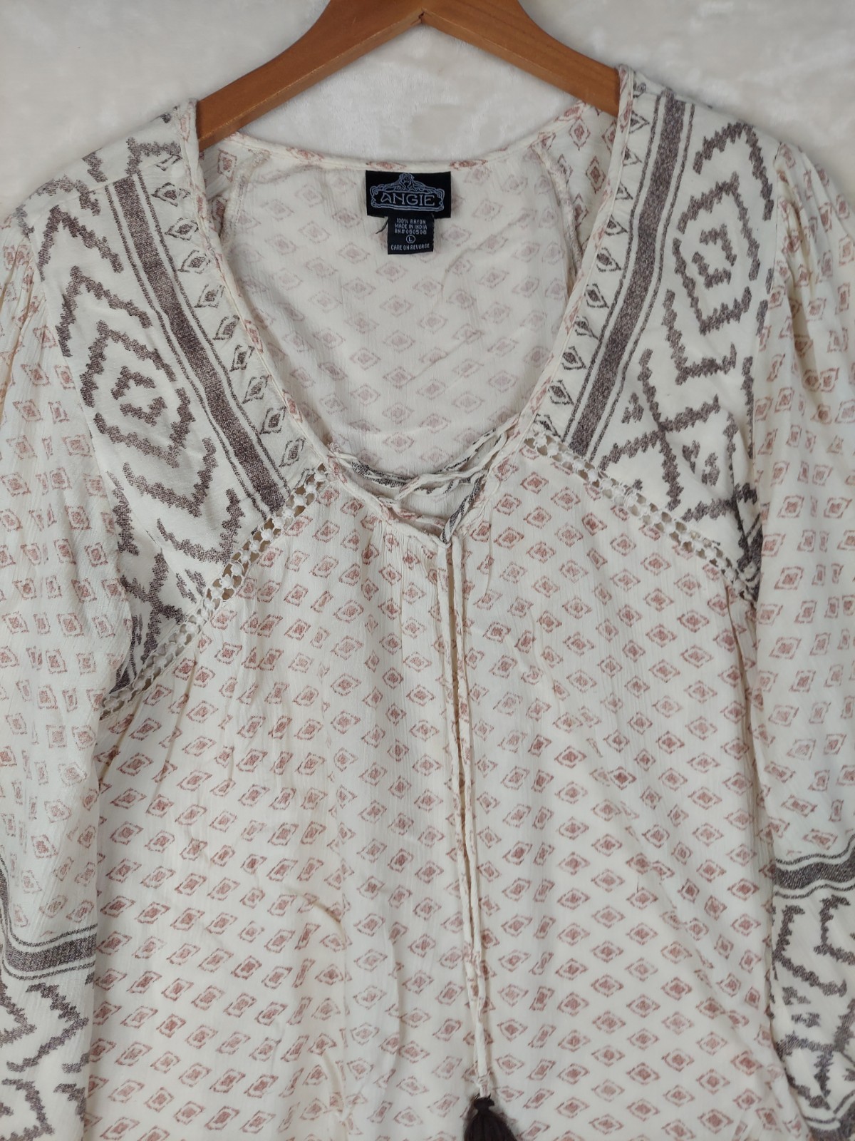 VTG Angie Boho Peasant Prairie Top Womens Large Blouse Babydoll Bell Sleeve