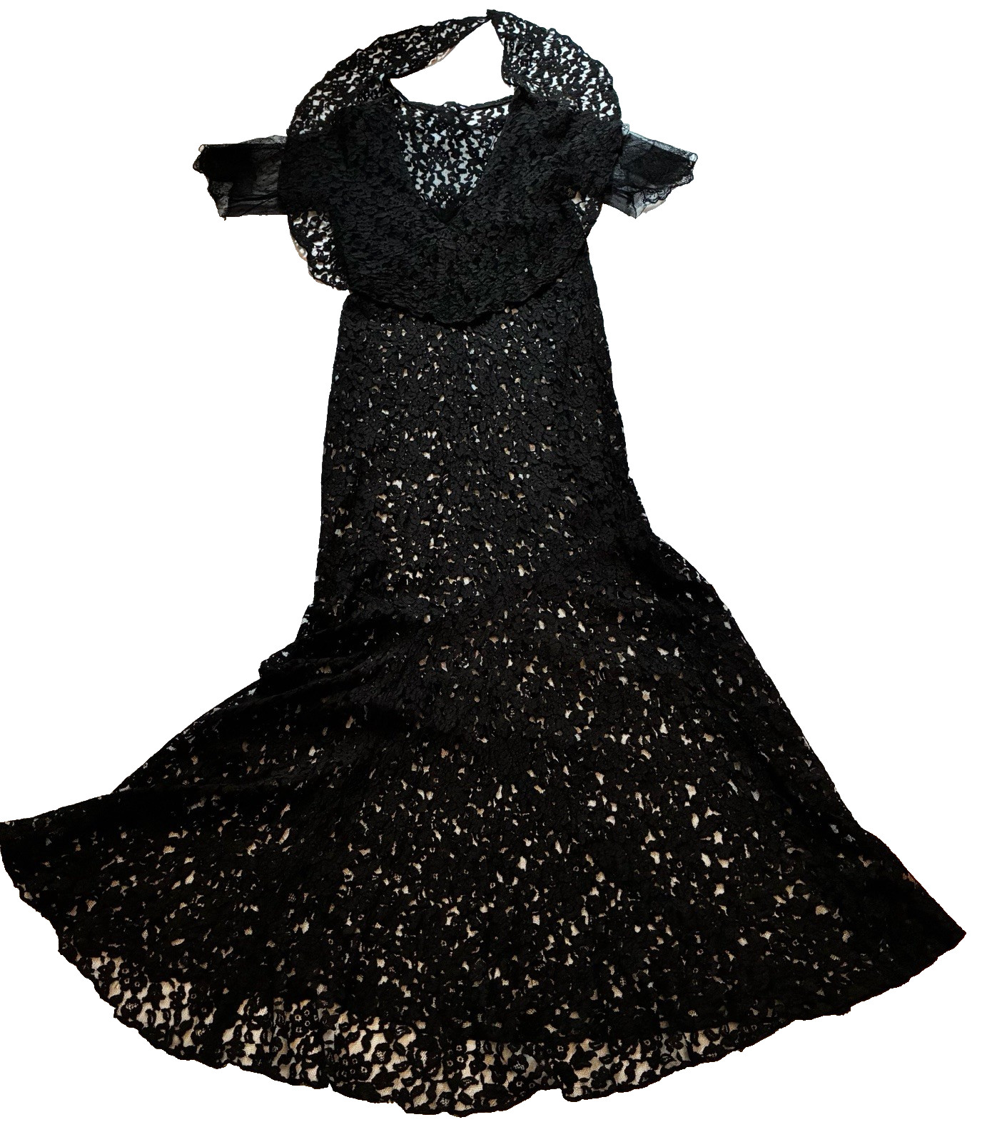 1920’S/30’S Black Art Deco Bias Cut Flutter Capelet Lace Evening Dress Small ￼