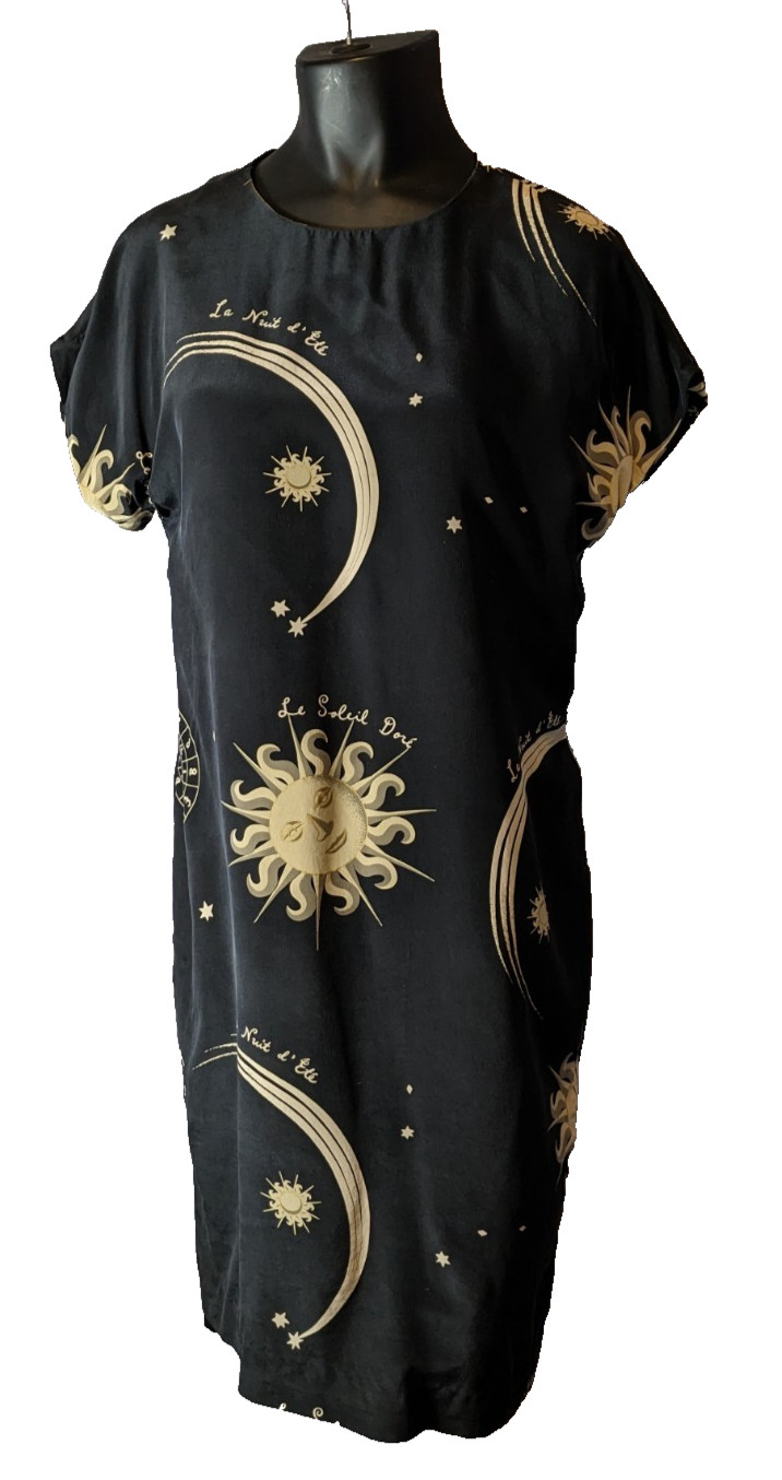 Celestial Silk Dress Jones New York. Black/Gold Sun, Moon 1990s Size 14 Sheath