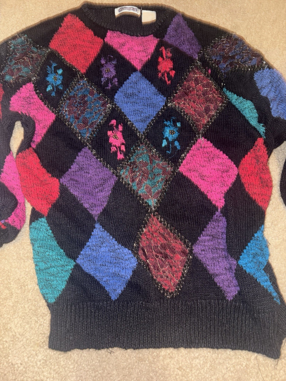 Vntg 70s/80 Mariea Kim Sweater M Abstract Geometric Argyle Pink retro