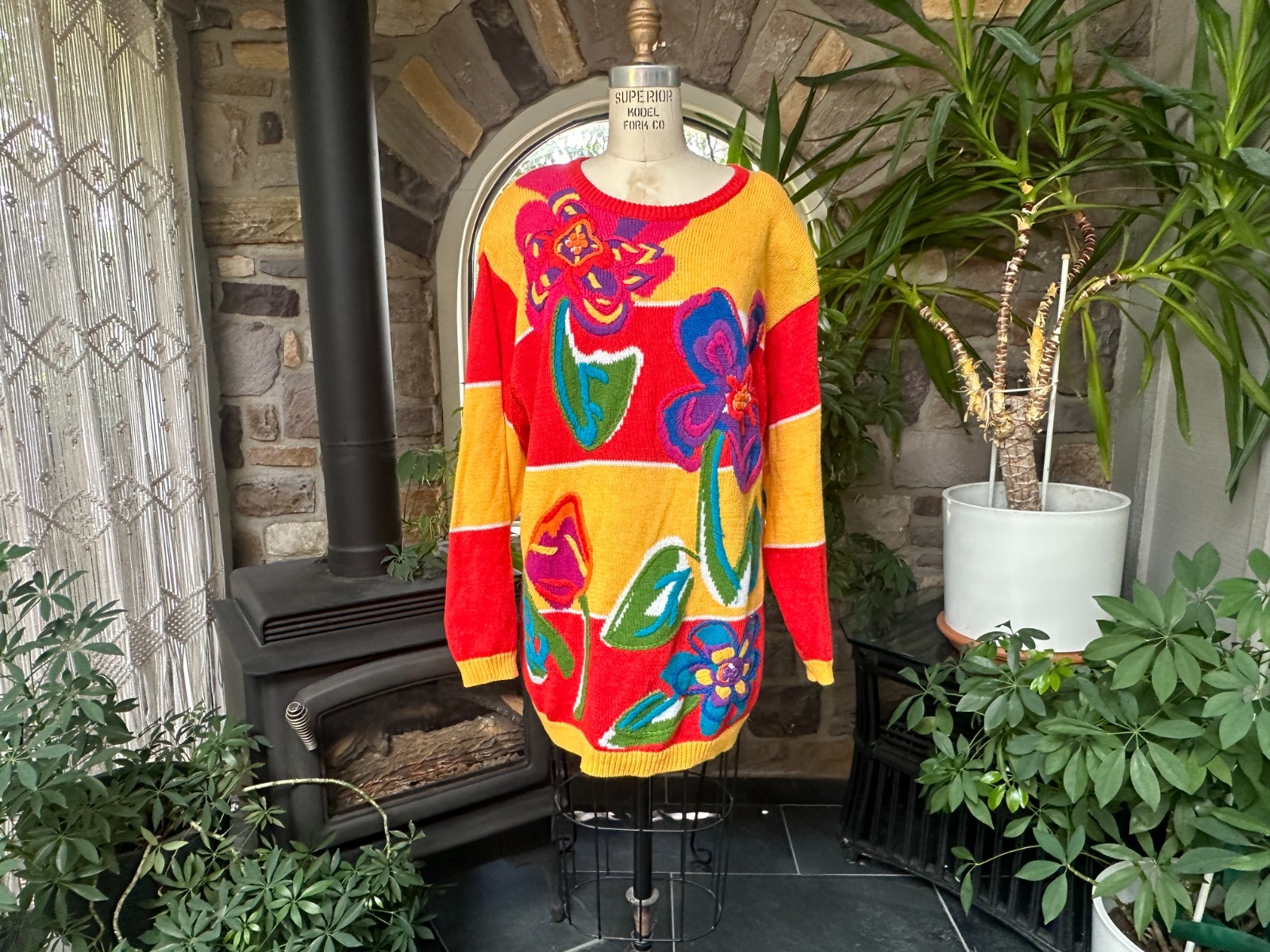 Vintage 1980s I B Diffusion Color Block Embroidered Ramie and Cotton Sweater