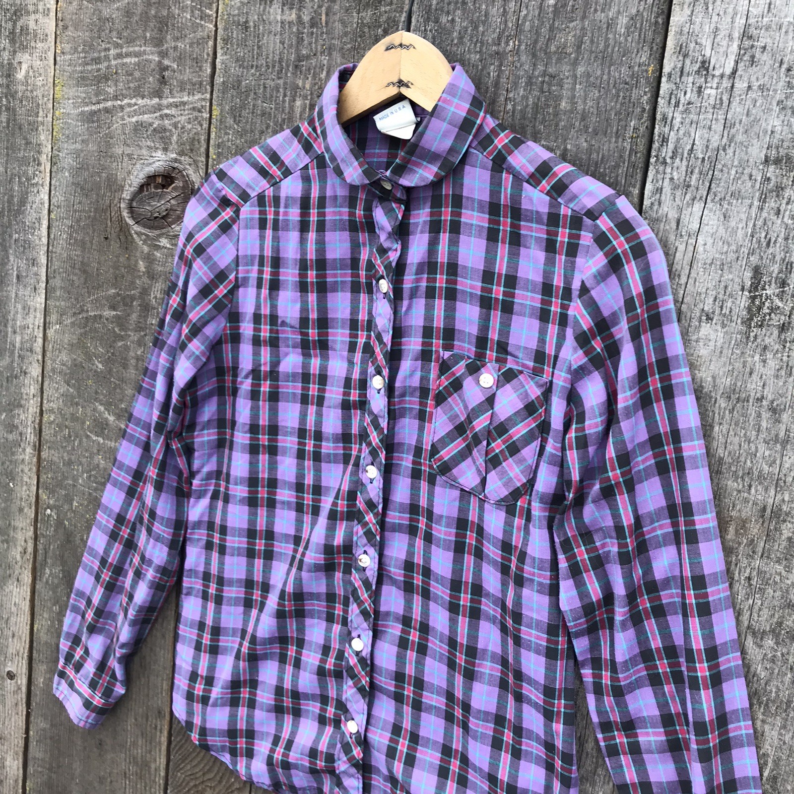 Vintage 80s Wrangler Cowgirl Peter Pan Collar Plaid Blouse Jrs 5 (Small) Reg XS