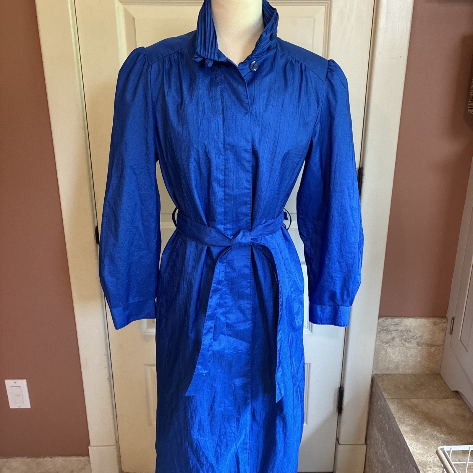 Vintage Royal Electric Blue Belted Trench Coat Jacket Full Length Belted Women