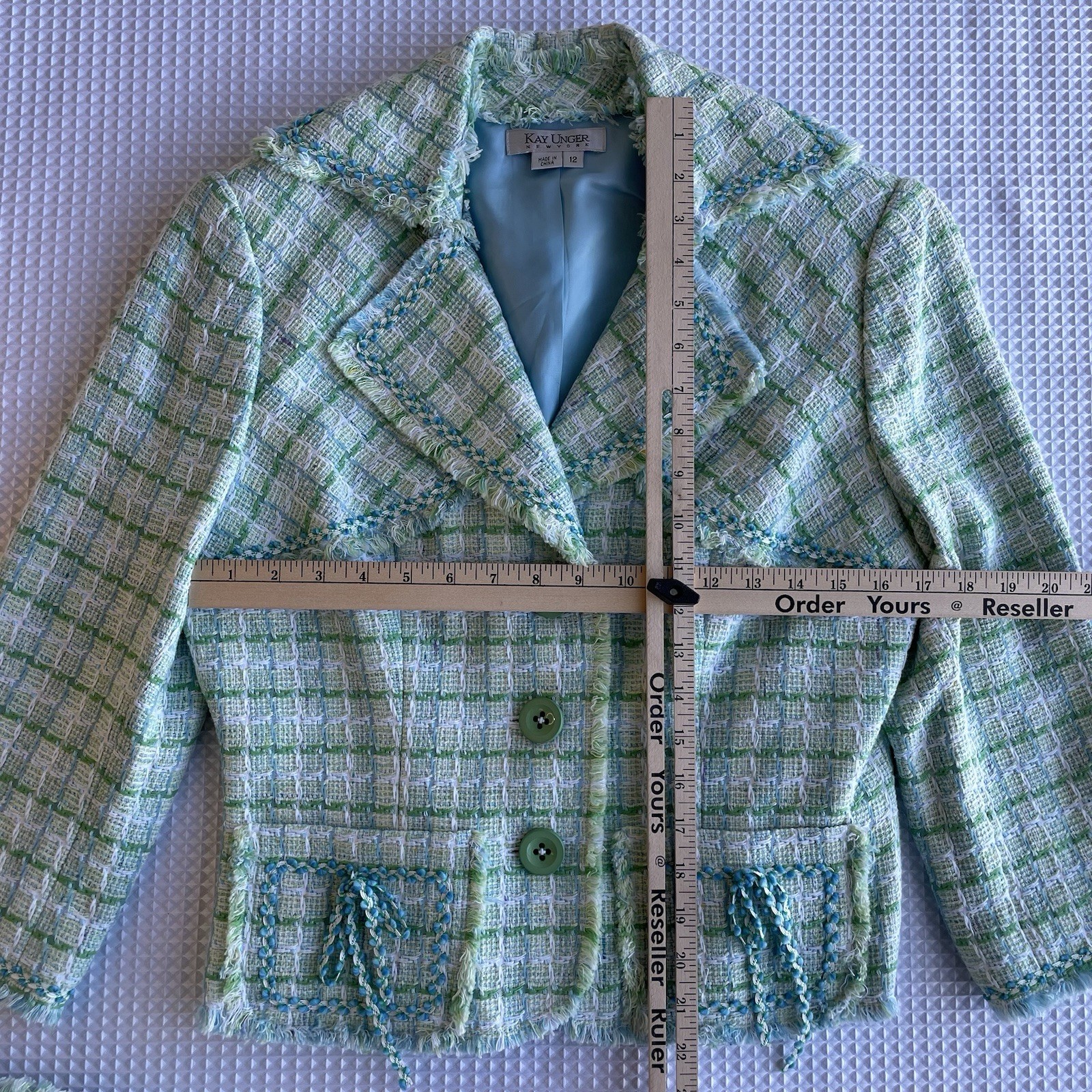 Kay Unger New York Tweed Jacket Skirt Suit | Fringe Trim | Pastel Green Sz 12